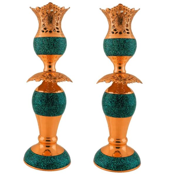 Price and Buy Handcrafted Persian Copper Candlestick – Inlaid Turquoise Design – Razeghi (2x)