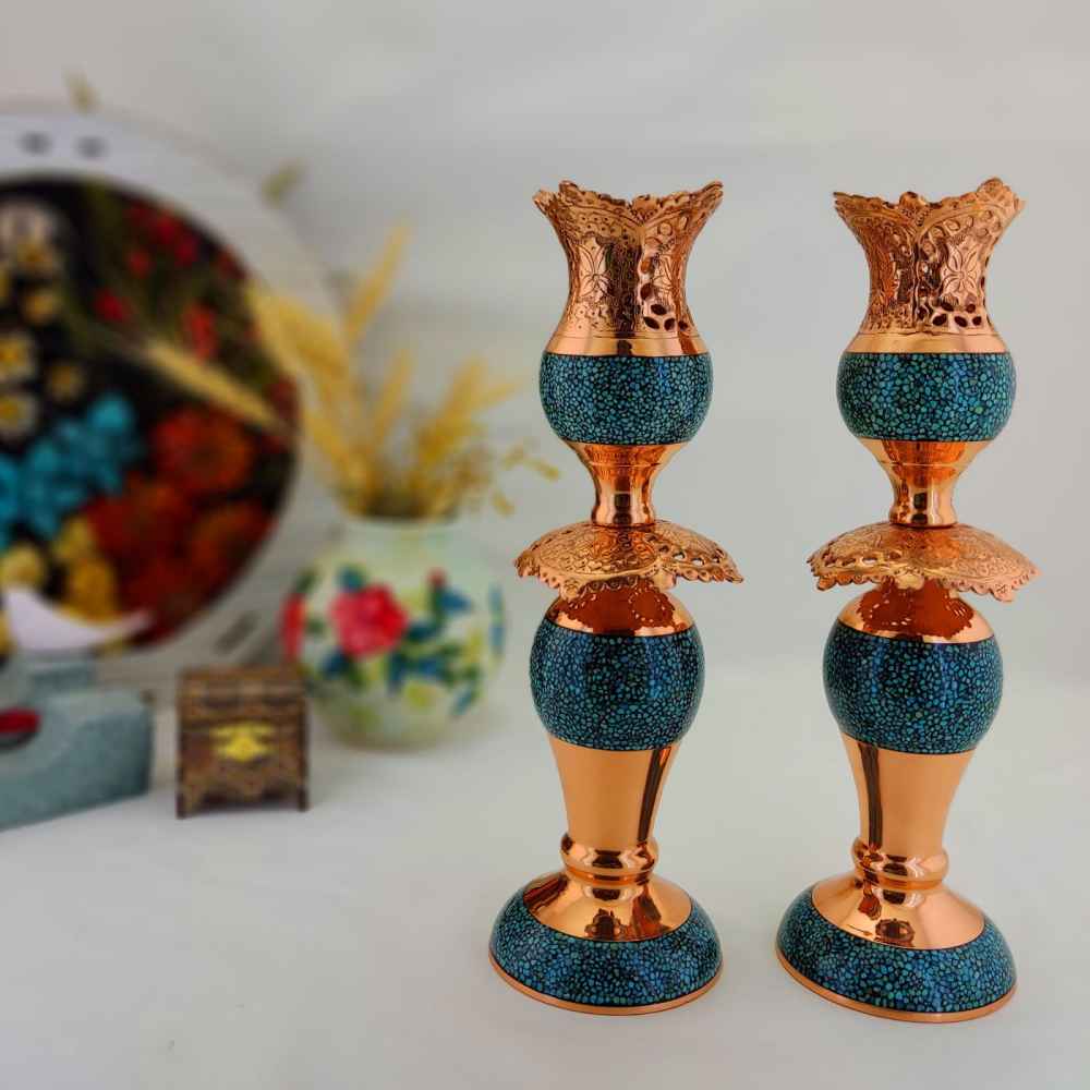 Price and Buy Handcrafted Persian Copper Candlestick – Inlaid Turquoise Design – Razeghi (2x) - Image 3