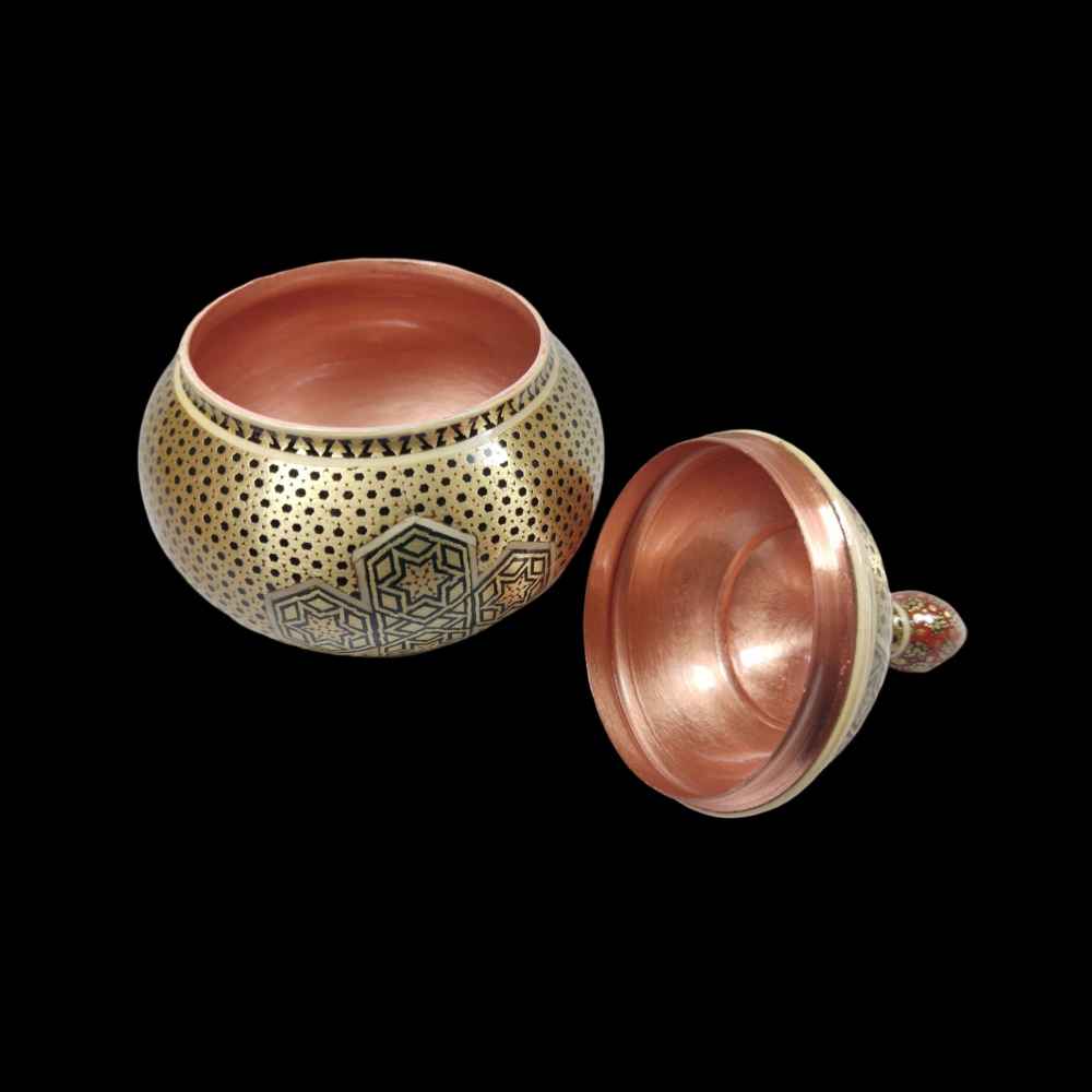 Price and Buy Handcrafted Persian Copper Sugar Bowl Decorated with Khatam Marquetry Art Ghandoon - Image 3