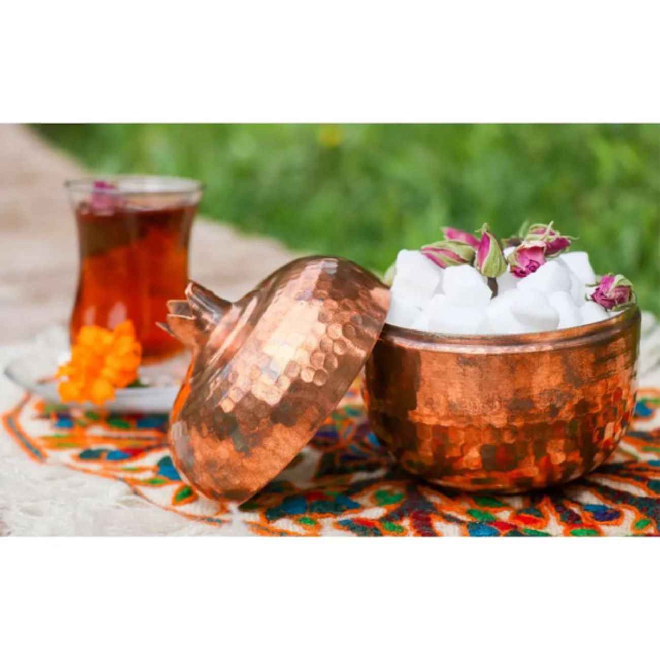Price and Buy Handcrafted Persian Copper Sugar Bowl with Lid – Hammered Pomegranate Design - Image 4