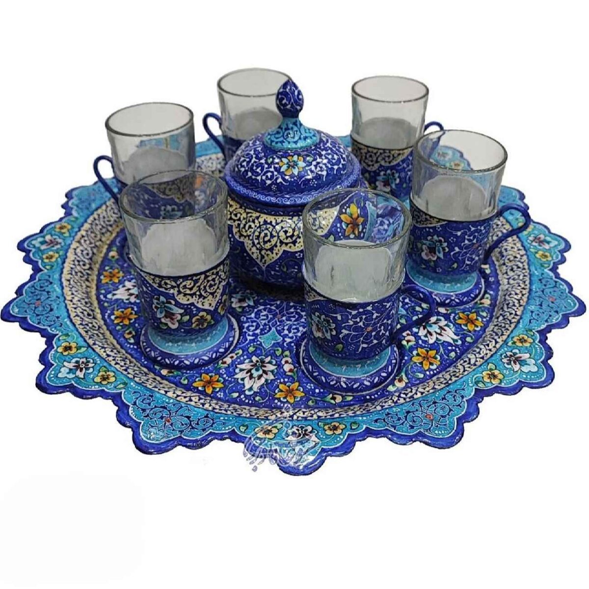 Price and Buy Handcrafted Persian Copper Tea Set – Minakari Enameled in Blue