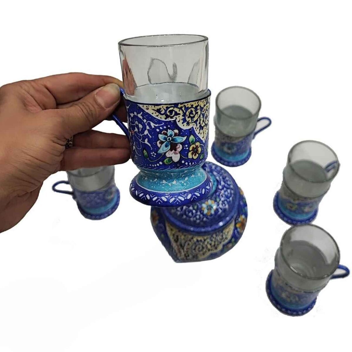 Price and Buy Handcrafted Persian Copper Tea Set – Minakari Enameled in Blue - Image 3