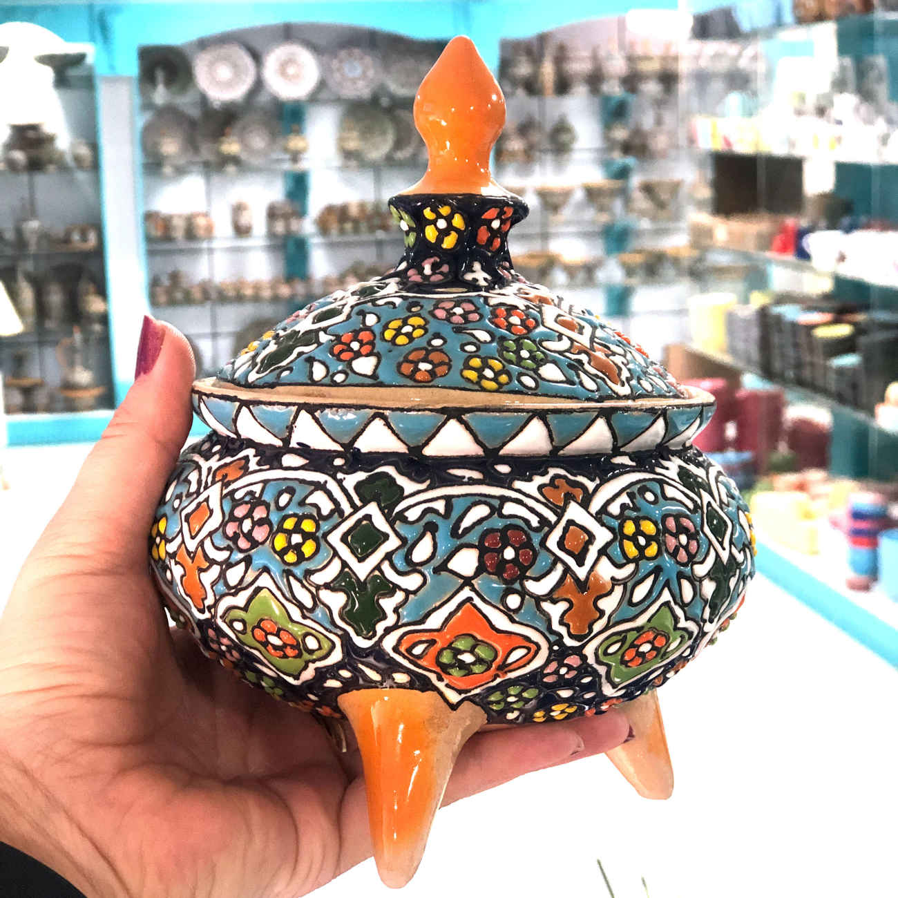 Price and Buy Handcrafted Persian Pottery Sugar Bowl Minakari Enameled - Image 3