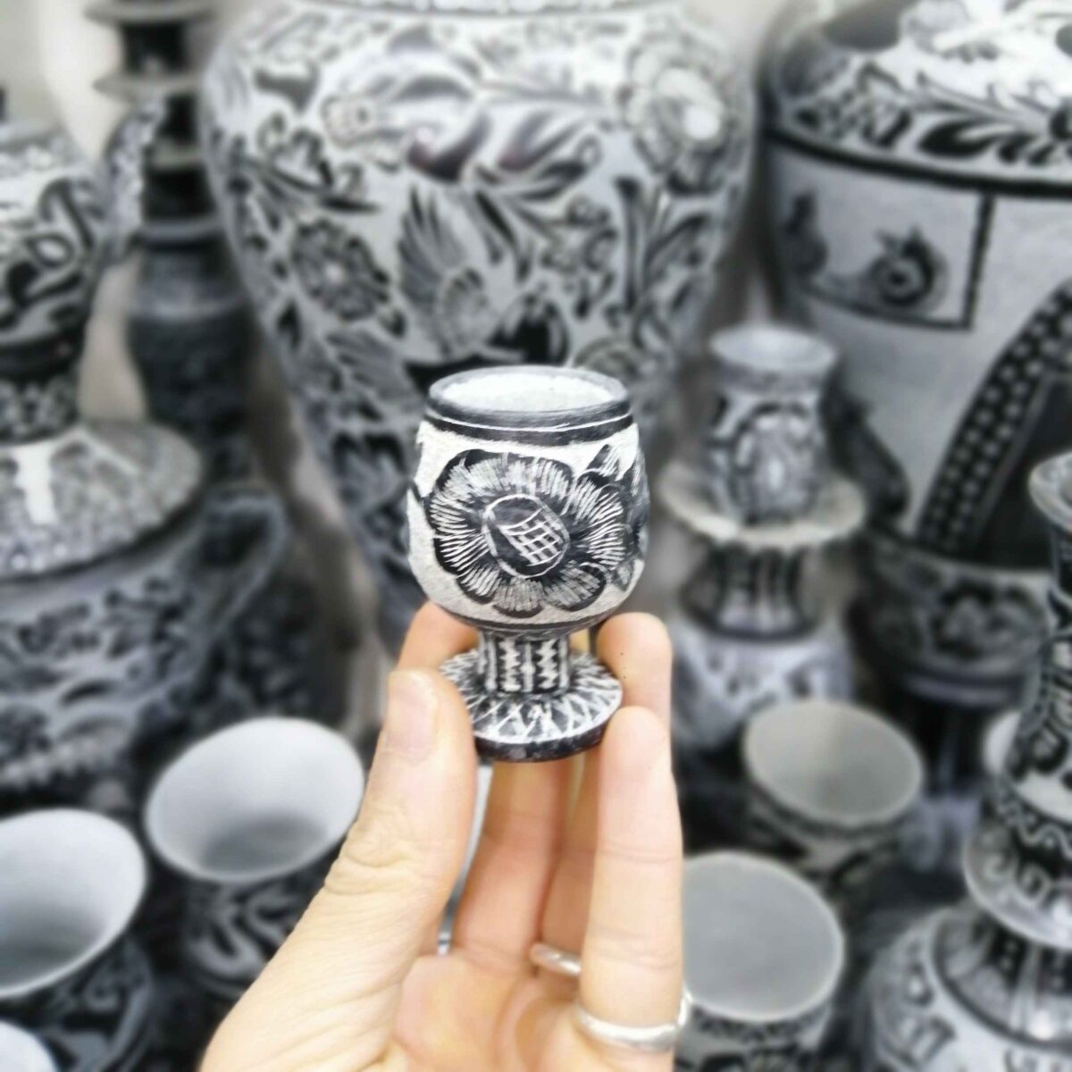 Price and Buy Handcrafted Stone Coffee Cup with Pedestal & Flower Design 2-Piece - Image 3
