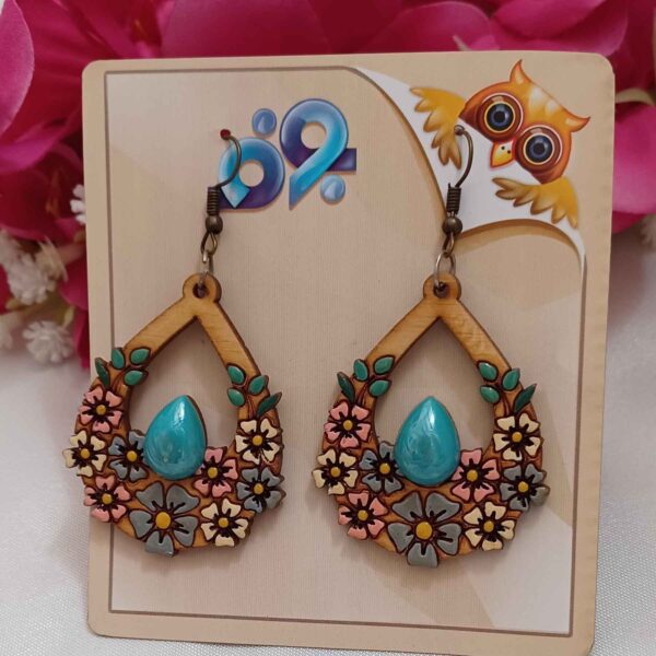 Price and Buy Handcrafted Wooden Earrings with Violet Flowers Model Turquoise