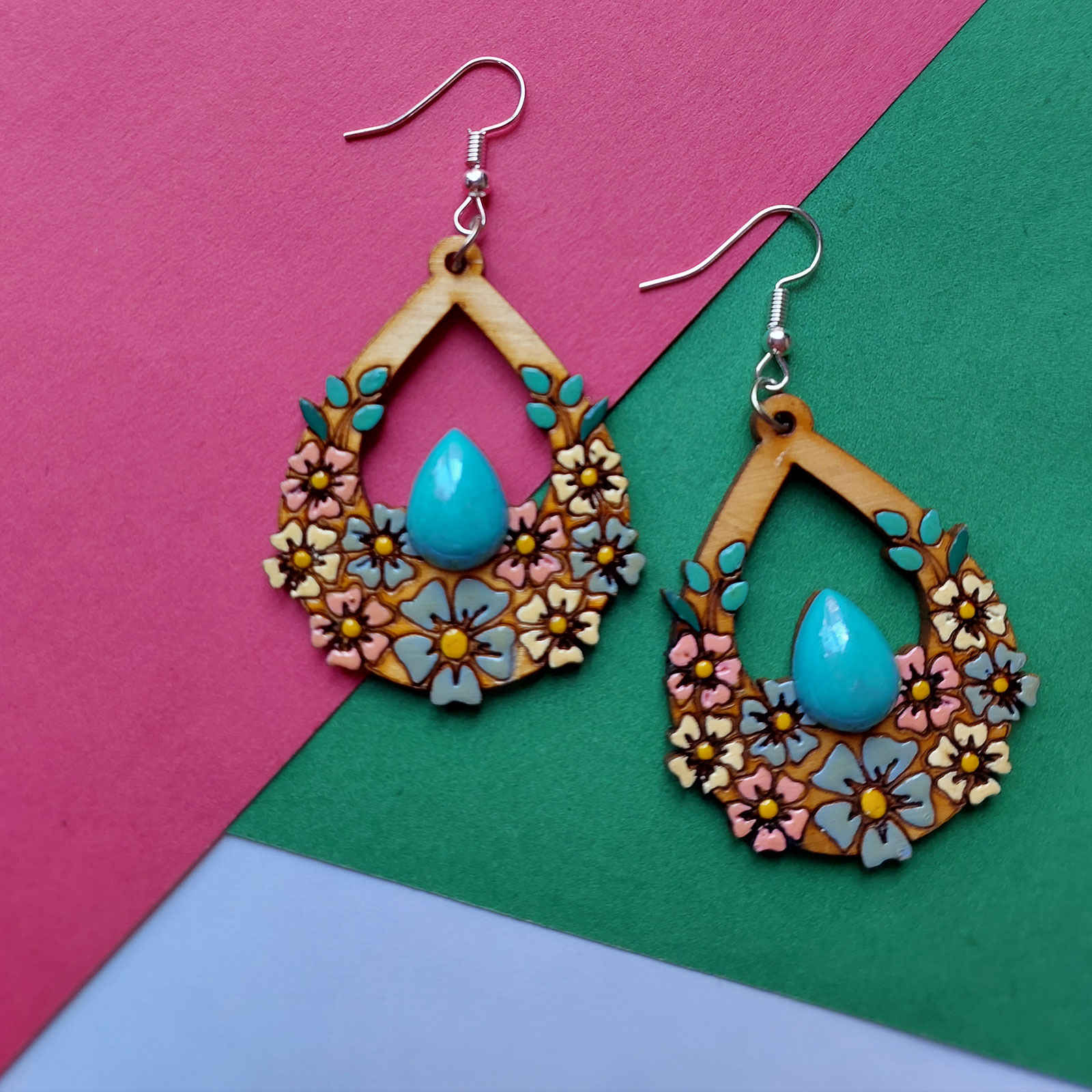 Price and Buy Handcrafted Wooden Earrings with Violet Flowers Model Turquoise - Image 4