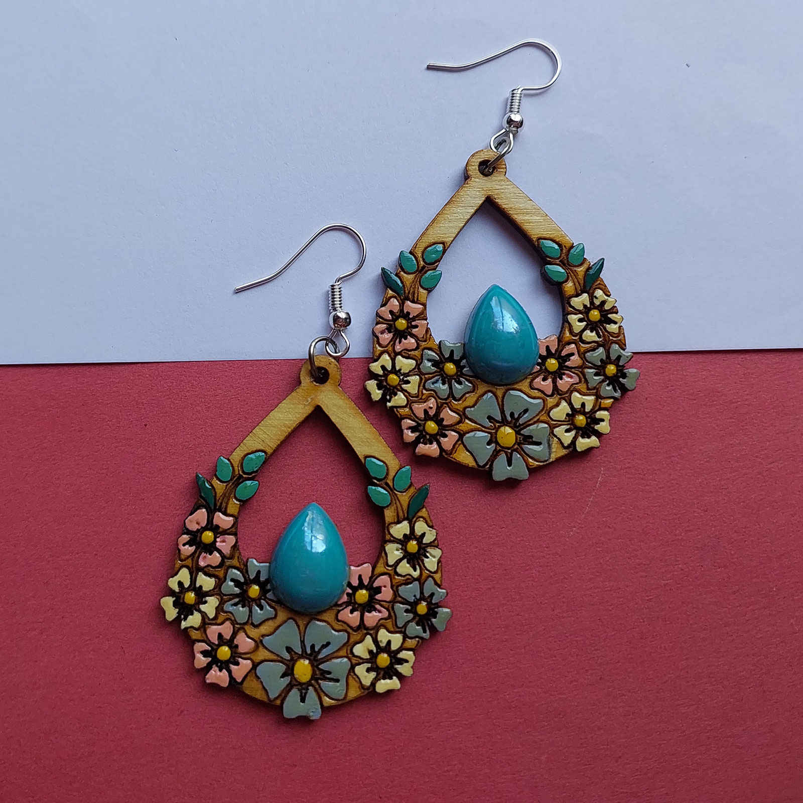Price and Buy Handcrafted Wooden Earrings with Violet Flowers Model Turquoise - Image 5