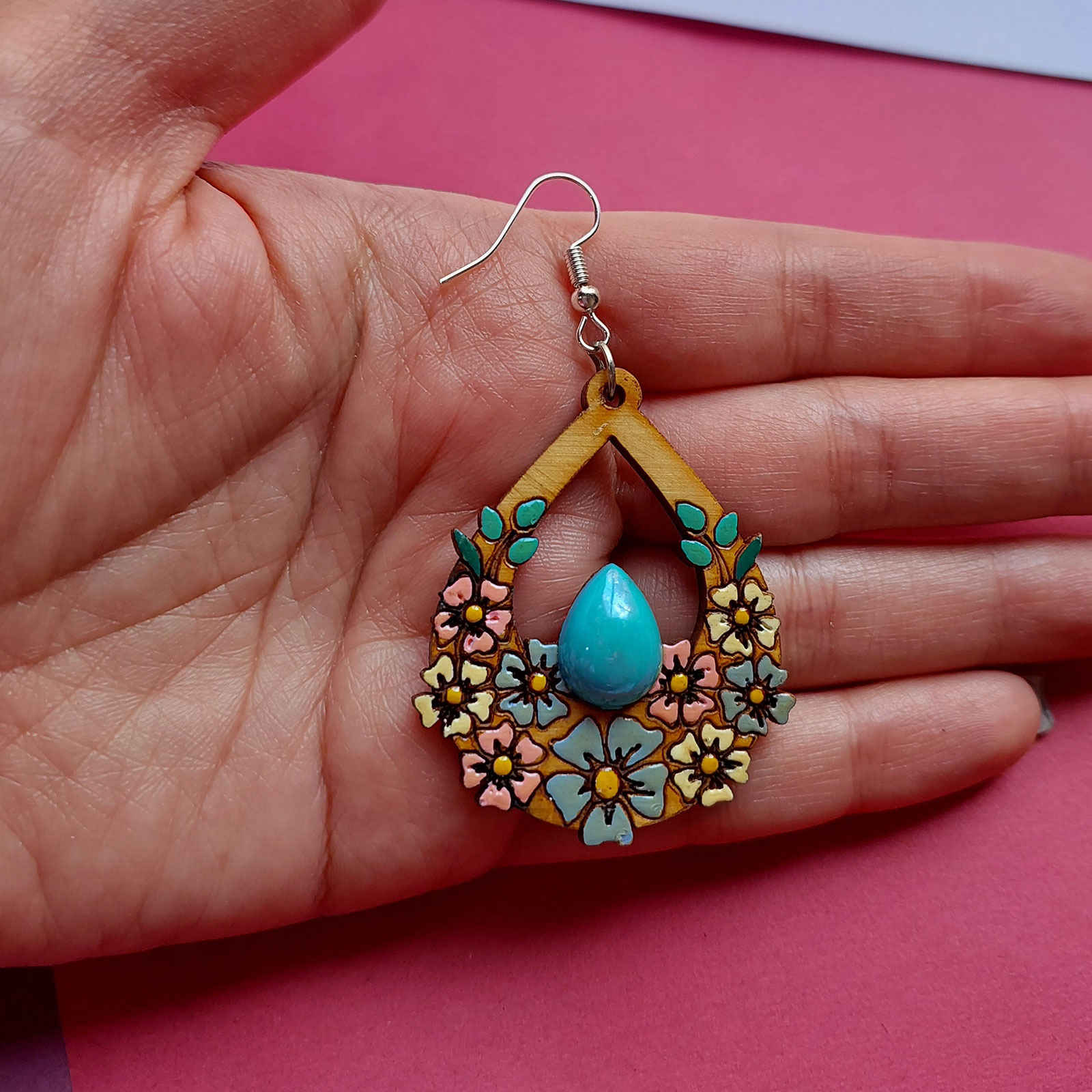 Price and Buy Handcrafted Wooden Earrings with Violet Flowers Model Turquoise - Image 6