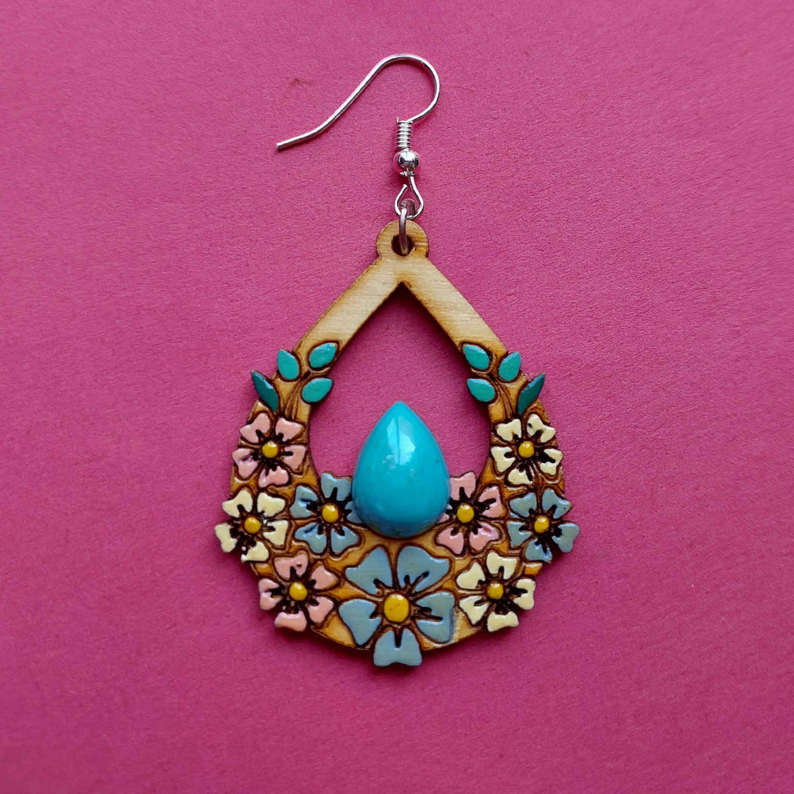 Price and Buy Handcrafted Wooden Earrings with Violet Flowers Model Turquoise - Image 7