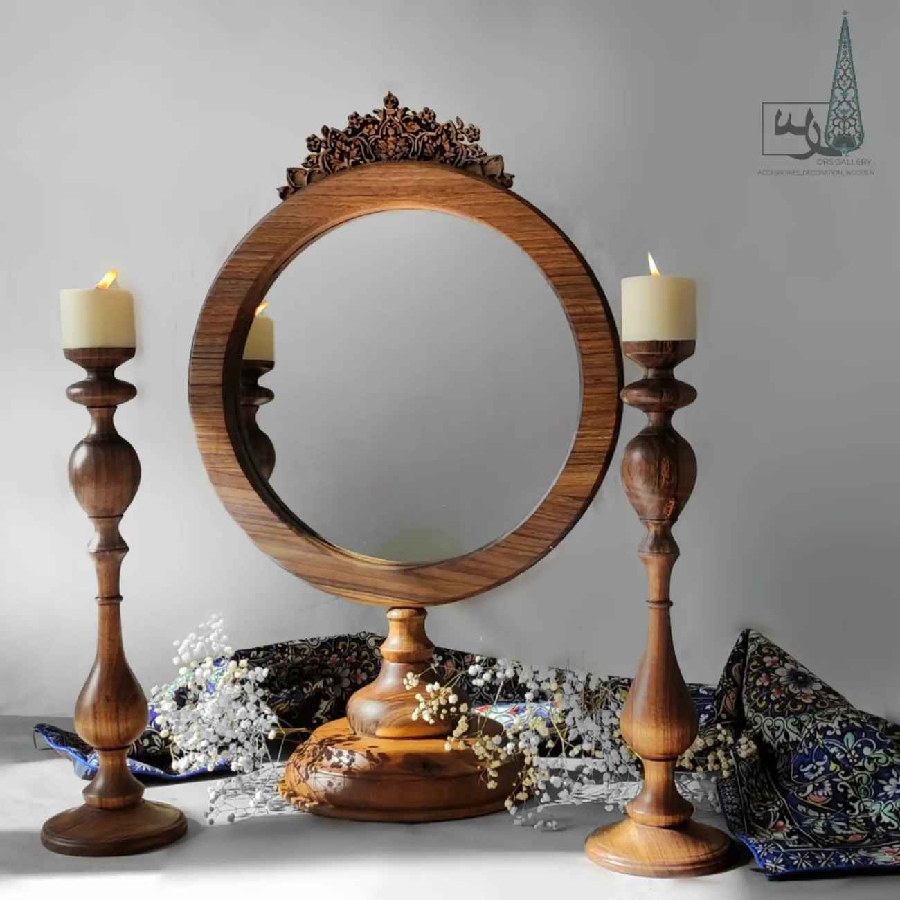 Price and Buy Handcrafted Wooden Mirror Frame with Matching Candlesticks Set
