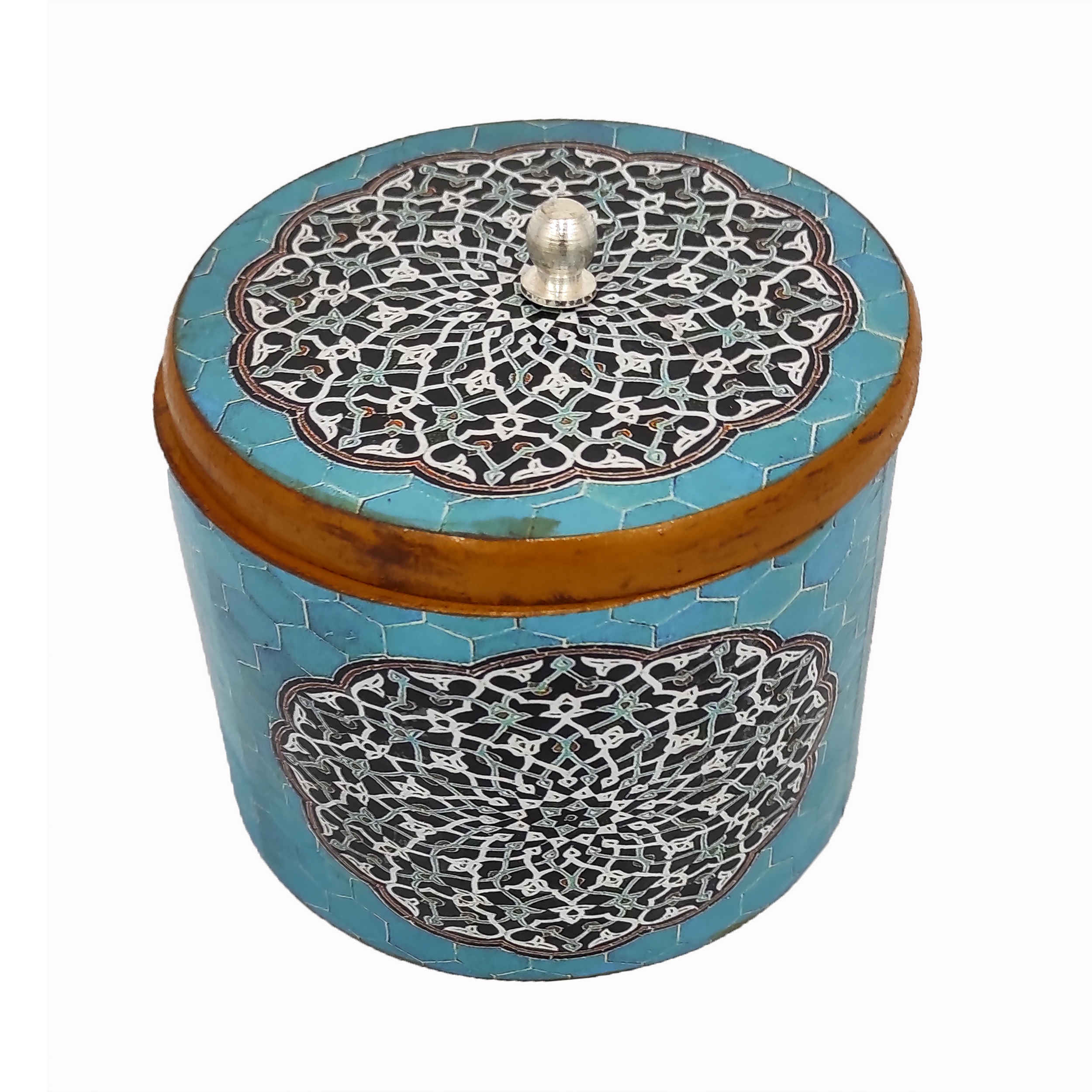 Price and Buy Handcrafted Wooden Sugar Bowl with Lid and Artistic Persian Mandala Blue Design