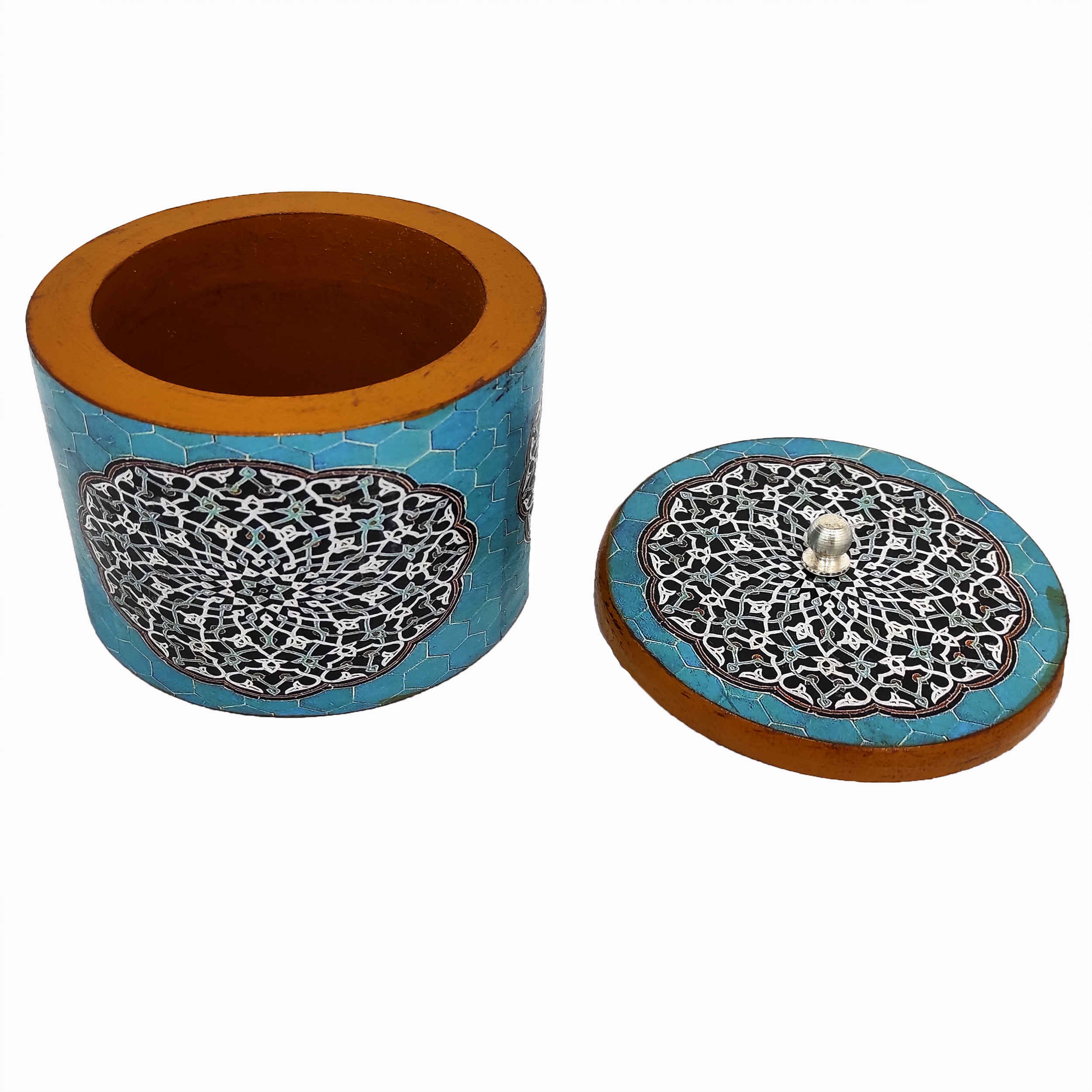 Price and Buy Handcrafted Wooden Sugar Bowl with Lid and Artistic Persian Mandala Blue Design - Image 3