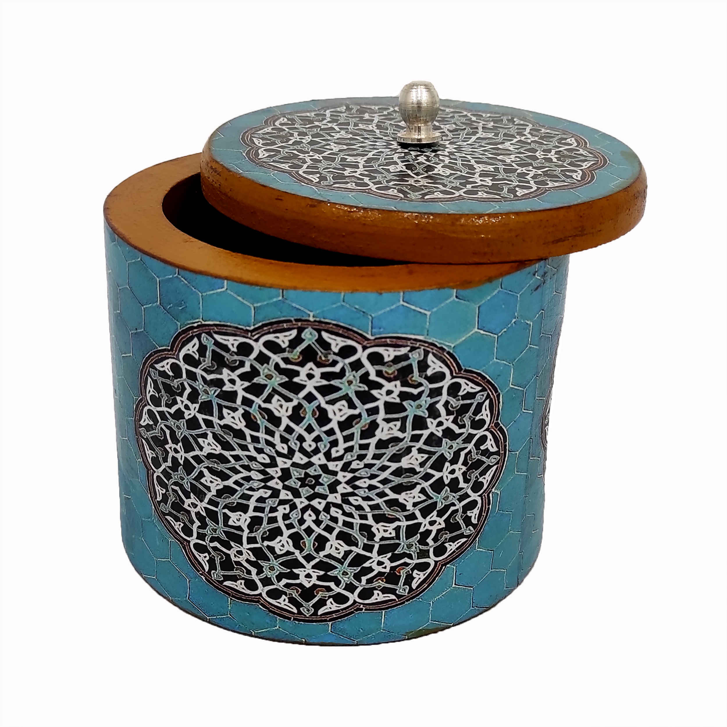 Price and Buy Handcrafted Wooden Sugar Bowl with Lid and Artistic Persian Mandala Blue Design - Image 4