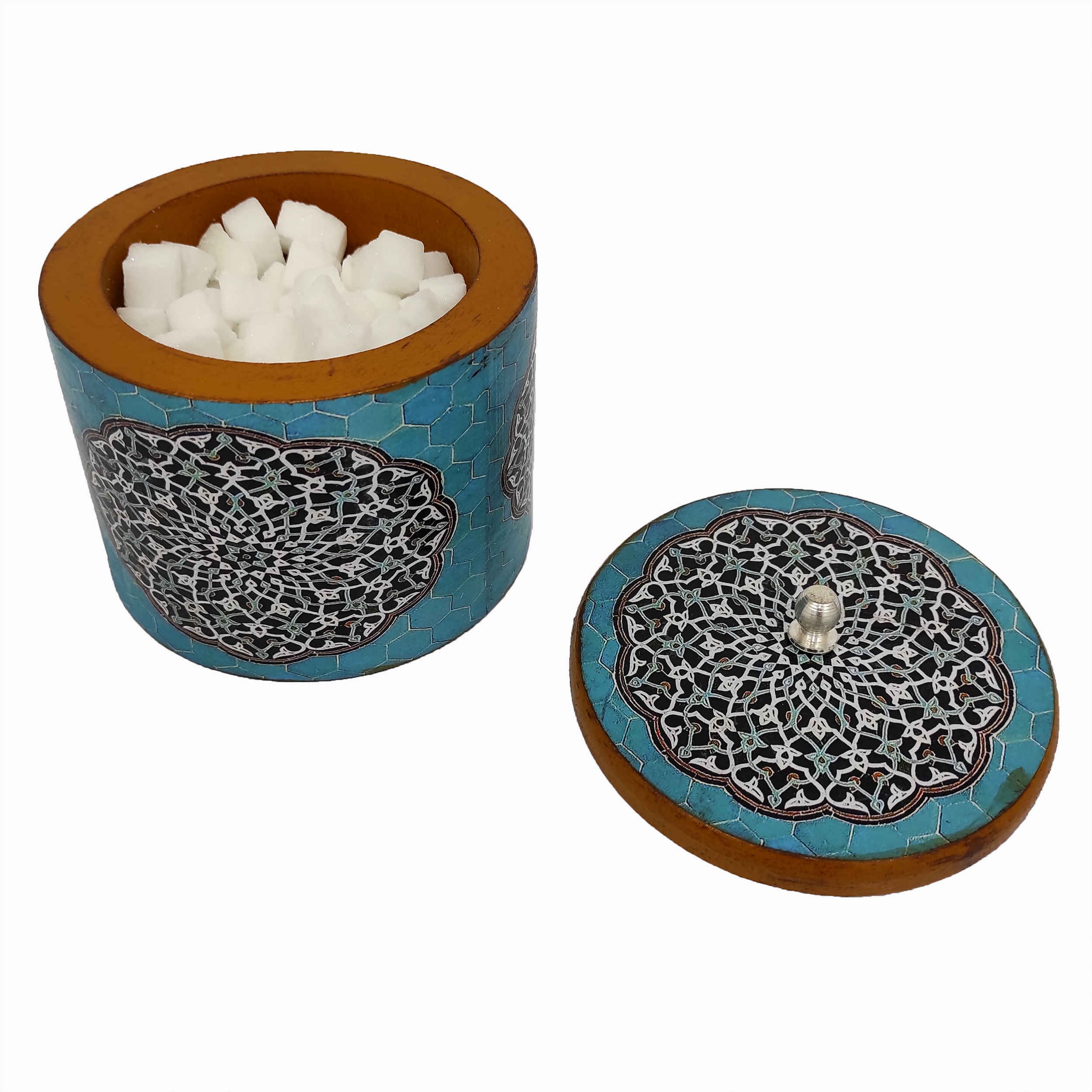 Price and Buy Handcrafted Wooden Sugar Bowl with Lid and Artistic Persian Mandala Blue Design - Image 5