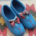 Price and Buy Handmade Blue Wool Felt Slippers with Checkered Bow Design