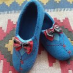 Price and Buy Handmade Blue Wool Felt Slippers with Checkered Bow Design - Image 3
