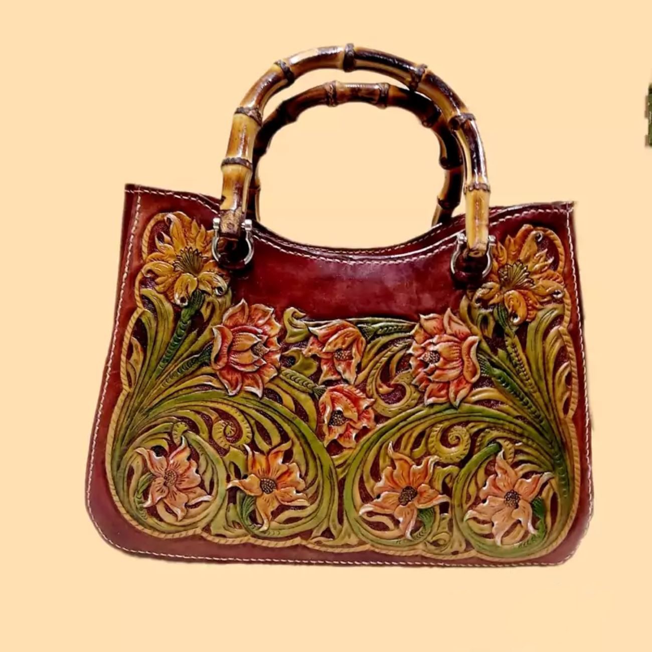 Price and Buy Handmade Genuine Cowhide Leather Bag – Detailed Carving, Stitched with Bamboo Wood Handle