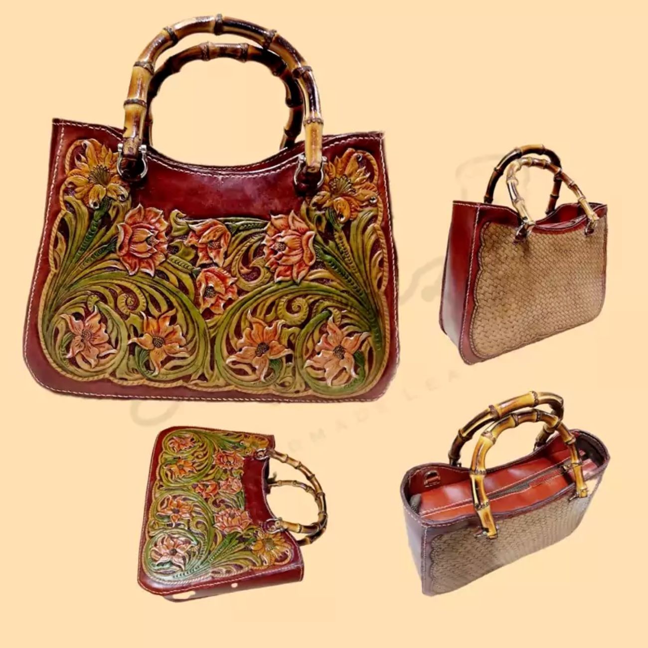Price and Buy Handmade Genuine Cowhide Leather Bag – Detailed Carving, Stitched with Bamboo Wood Handle - Image 3