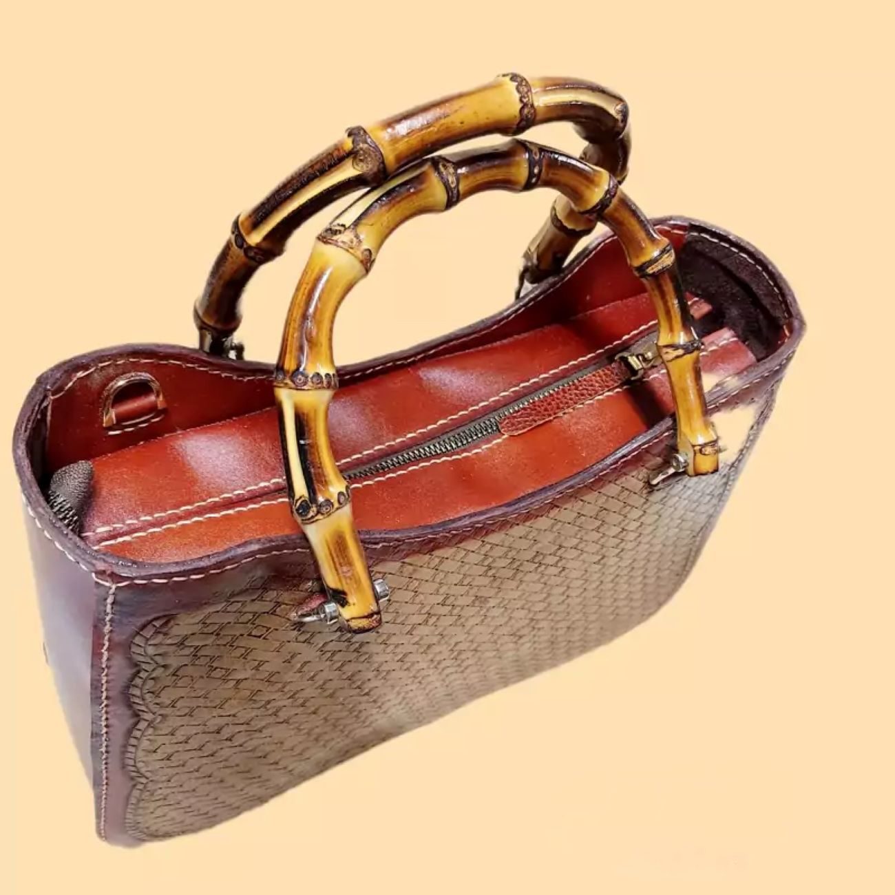 Price and Buy Handmade Genuine Cowhide Leather Bag – Detailed Carving, Stitched with Bamboo Wood Handle - Image 4