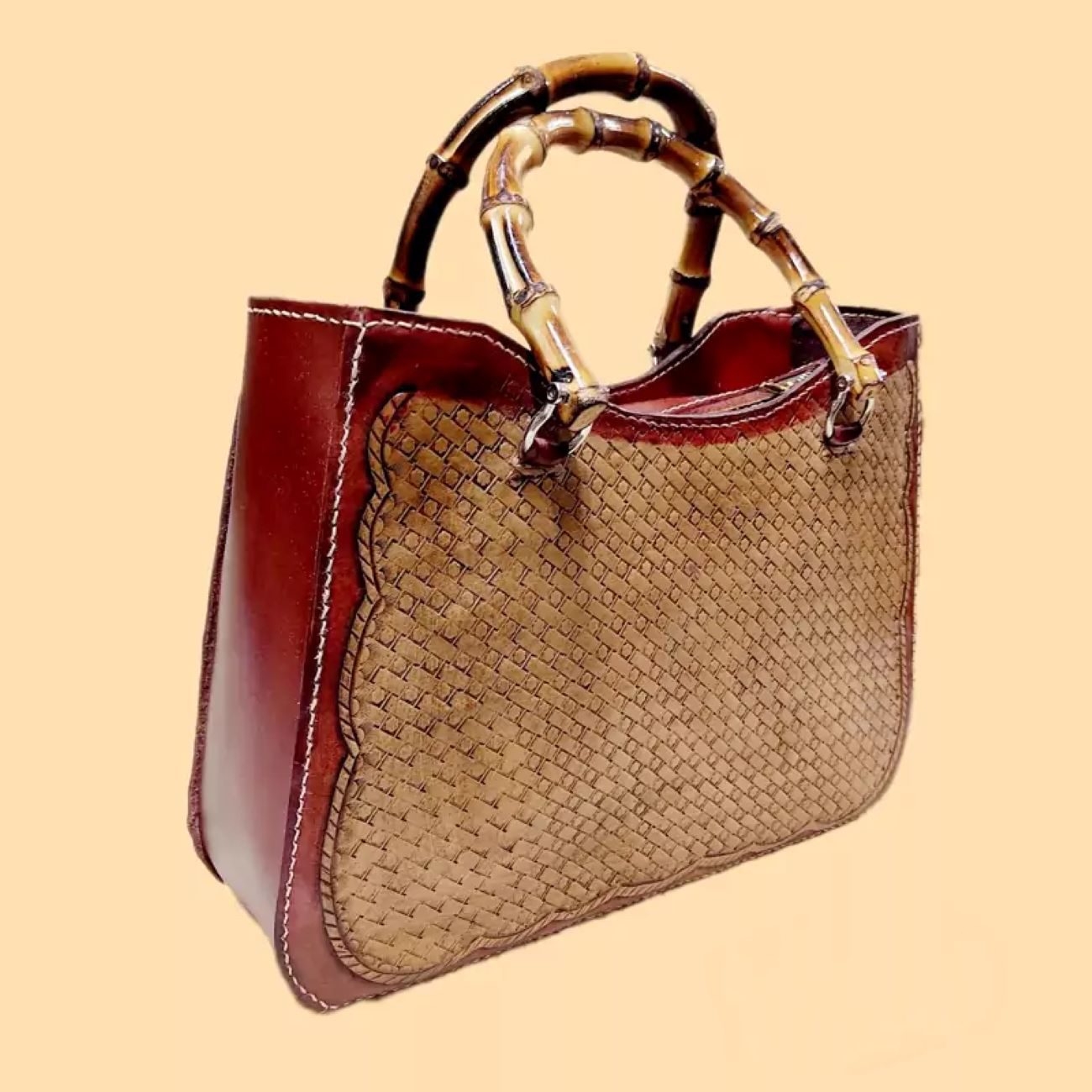 Price and Buy Handmade Genuine Cowhide Leather Bag – Detailed Carving, Stitched with Bamboo Wood Handle - Image 5