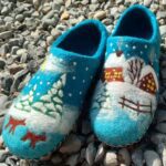 Price and Buy Handmade Teal Wool Felt Slippers with Patterned Winter, Snow