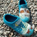 Price and Buy Handmade Teal Wool Felt Slippers with Patterned Winter, Snow - Image 3