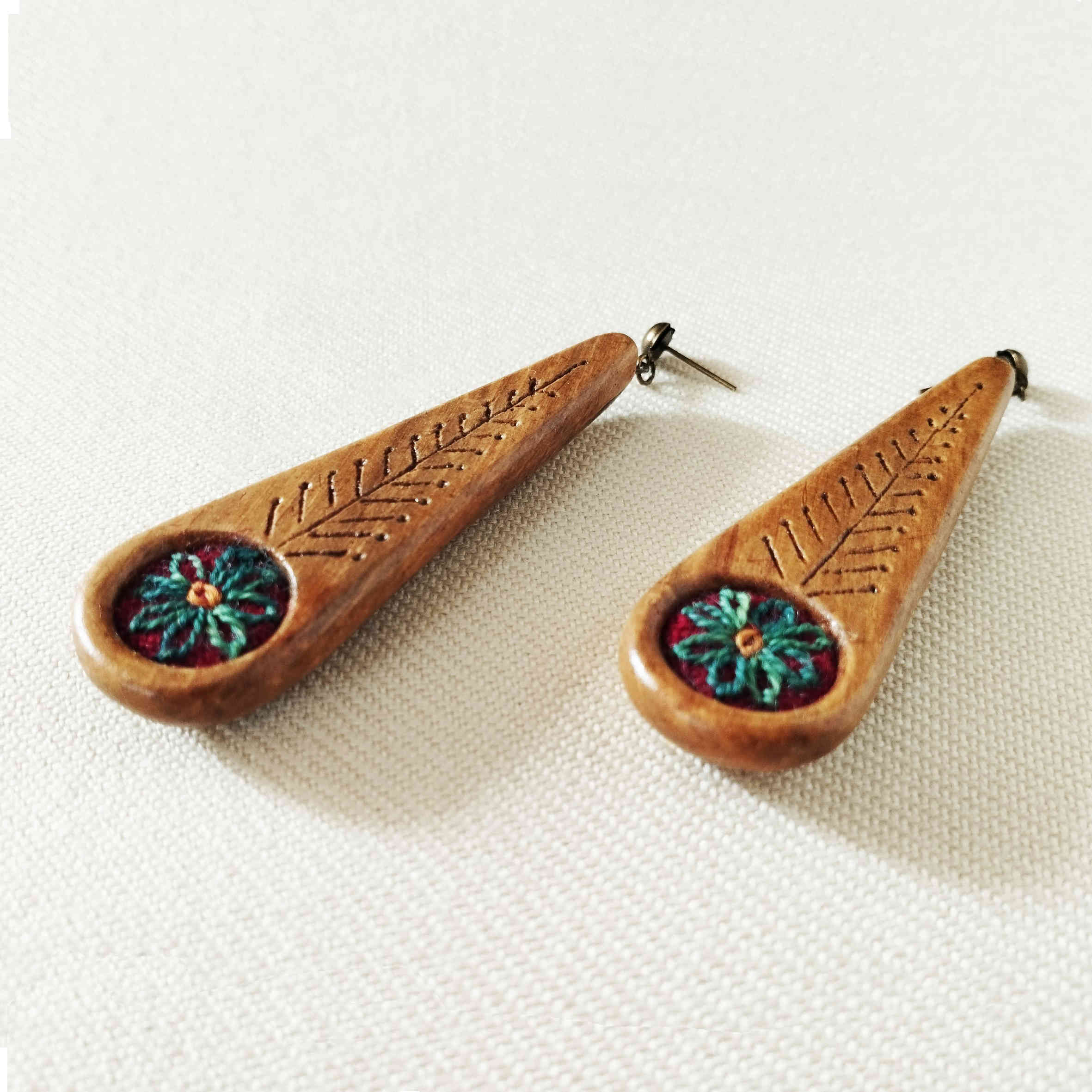 Price and Buy Handmade Women’s Wooden Earrings with Patteh Embroidery Design