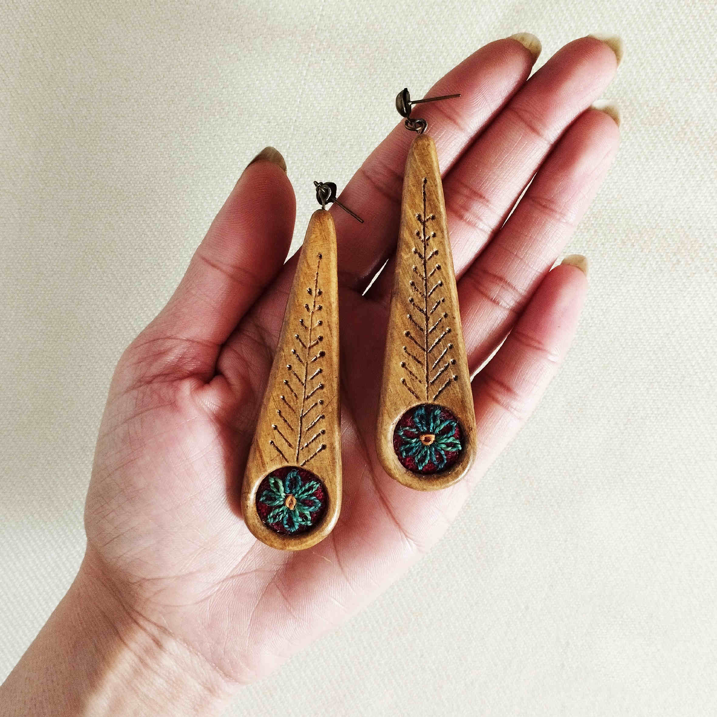 Price and Buy Handmade Women’s Wooden Earrings with Patteh Embroidery Design - Image 3