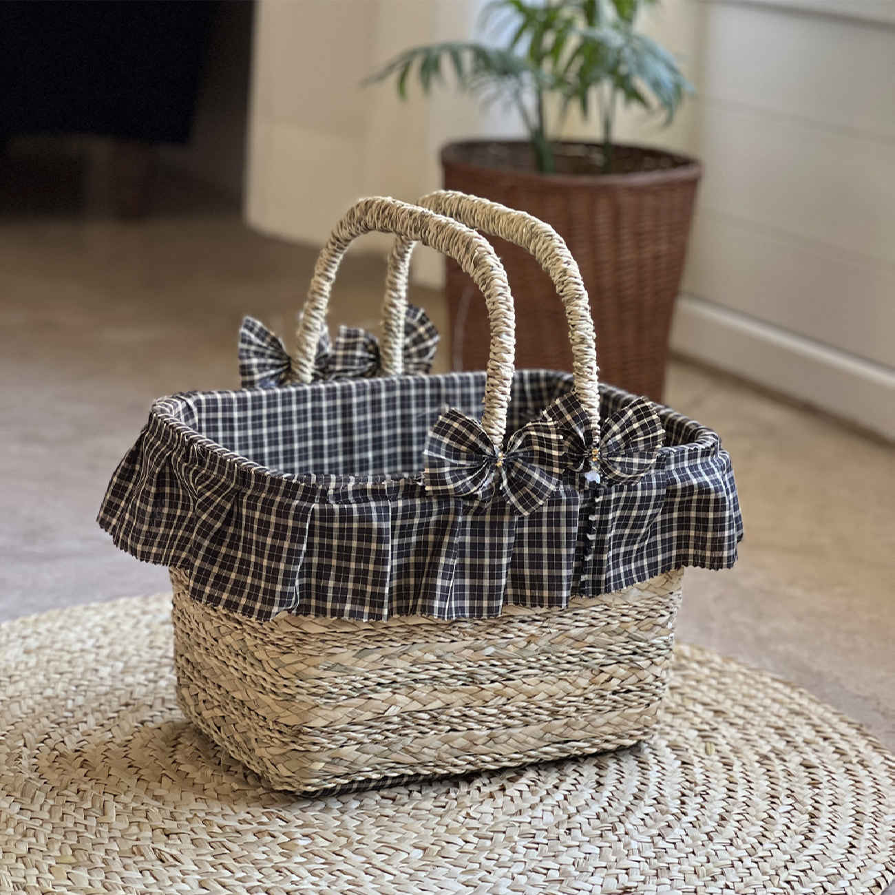Price and Buy Handwoven Picnic Handwoven Palm Leaf Basket with Checkered Design - Image 6
