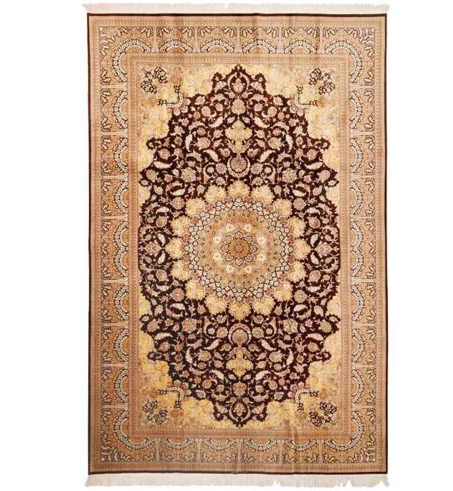 Price and Buy Iranain Silk Carpet Hand-Knotted with Medallion design Cream Color – Qom