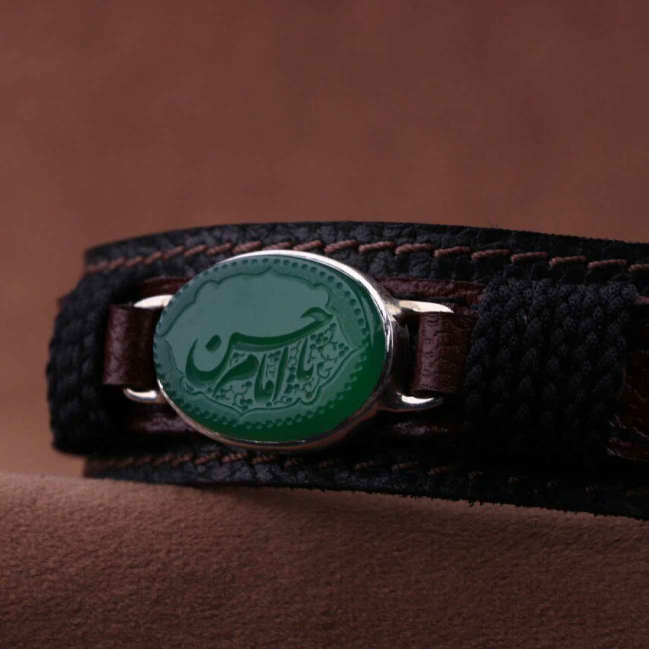 Price and Buy Islamic Leather Bracelet with Agate Stone In Silver Frame Imam Hassan Calligraphy_690049d8b2d3a.jpeg Price and Buy Islamic Leather Bracelet with Agate Stone In Silver Frame Imam Hassan Calligraphy - Image 1