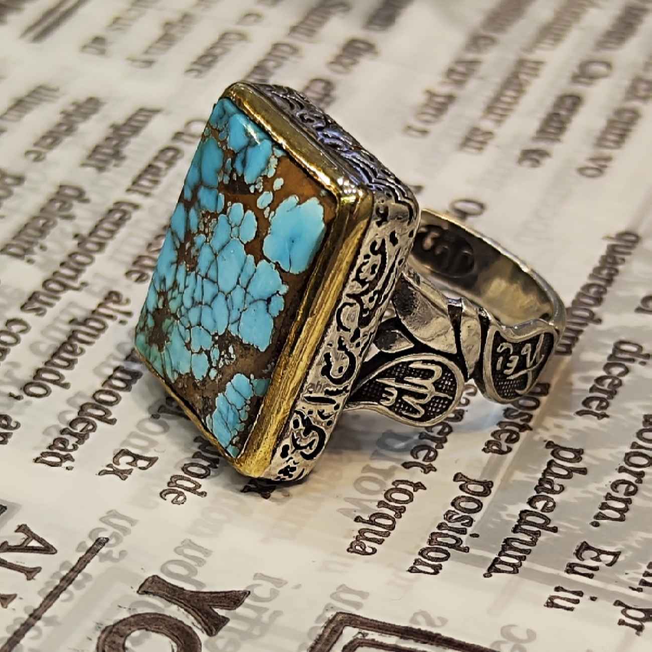 Price and Buy Islamic Neyshabur Turquoise Silver Ring for Men Model Square - Image 6