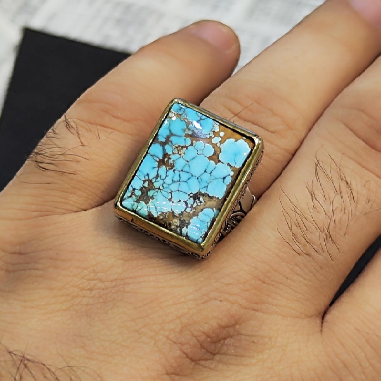 Price and Buy Islamic Neyshabur Turquoise Silver Ring for Men Model Square - Image 8