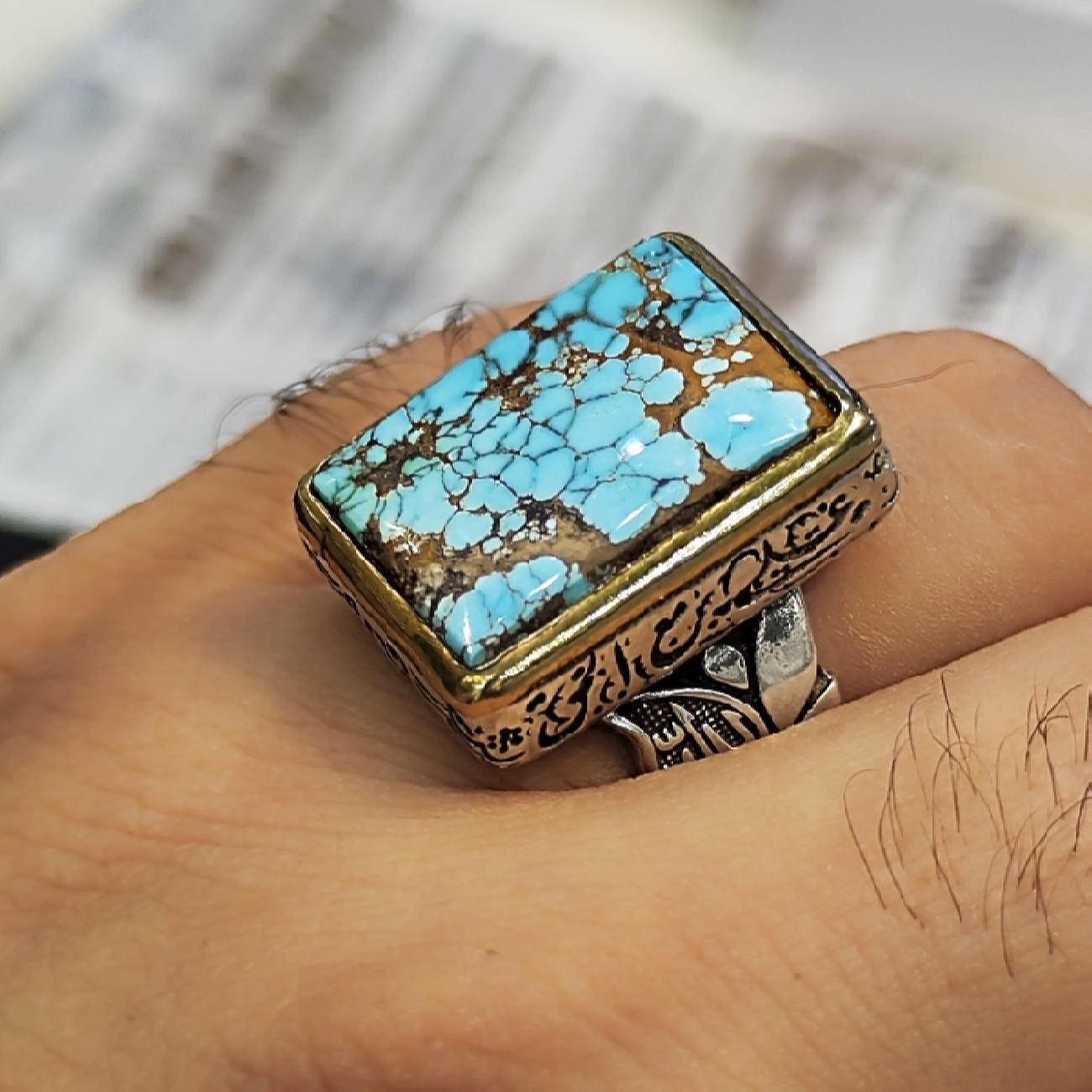Price and Buy Islamic Neyshabur Turquoise Silver Ring for Men Model Square - Image 9