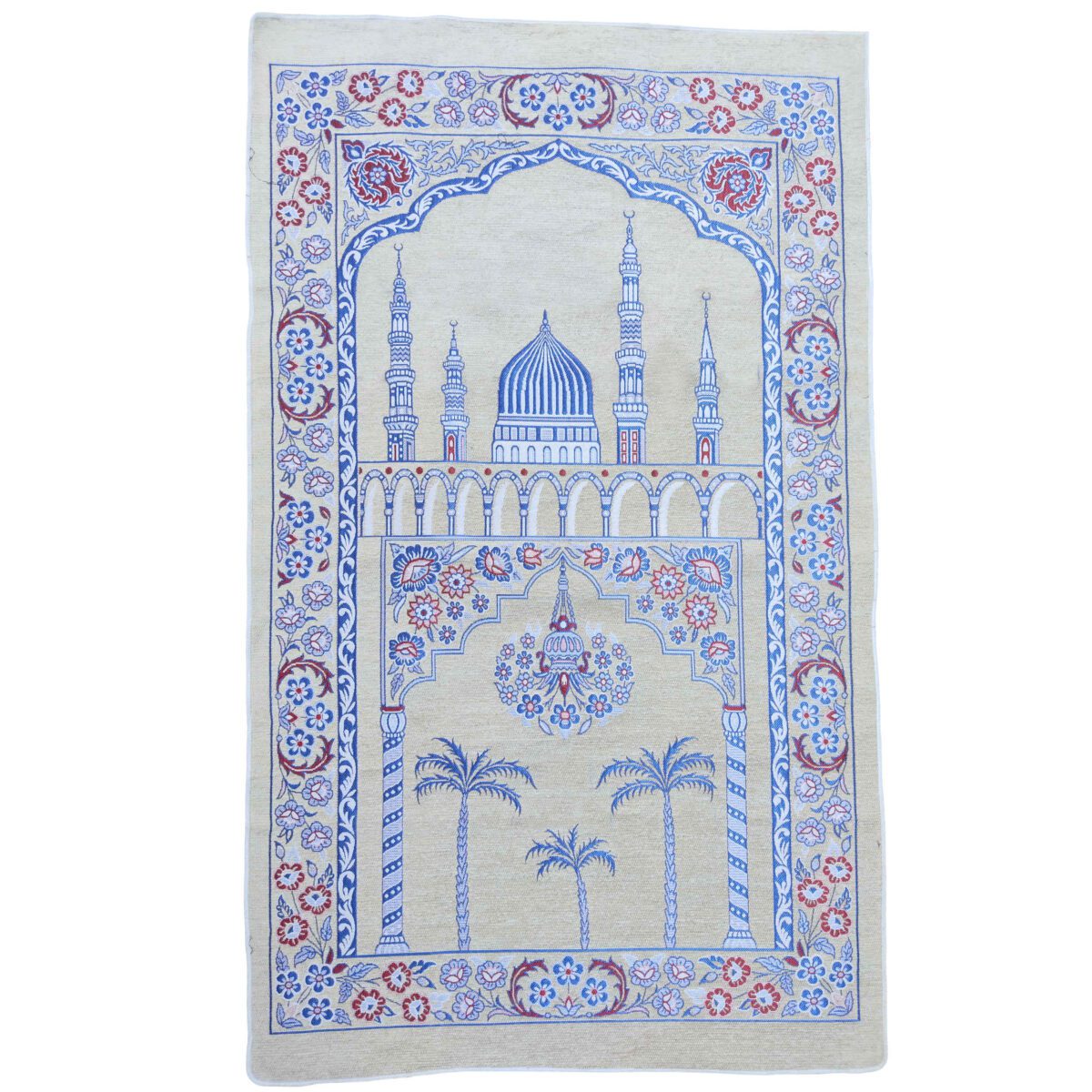 Price and Buy Islamic Prayer Mat Padded Sajadah in Velvet Minaret Cream & Blue