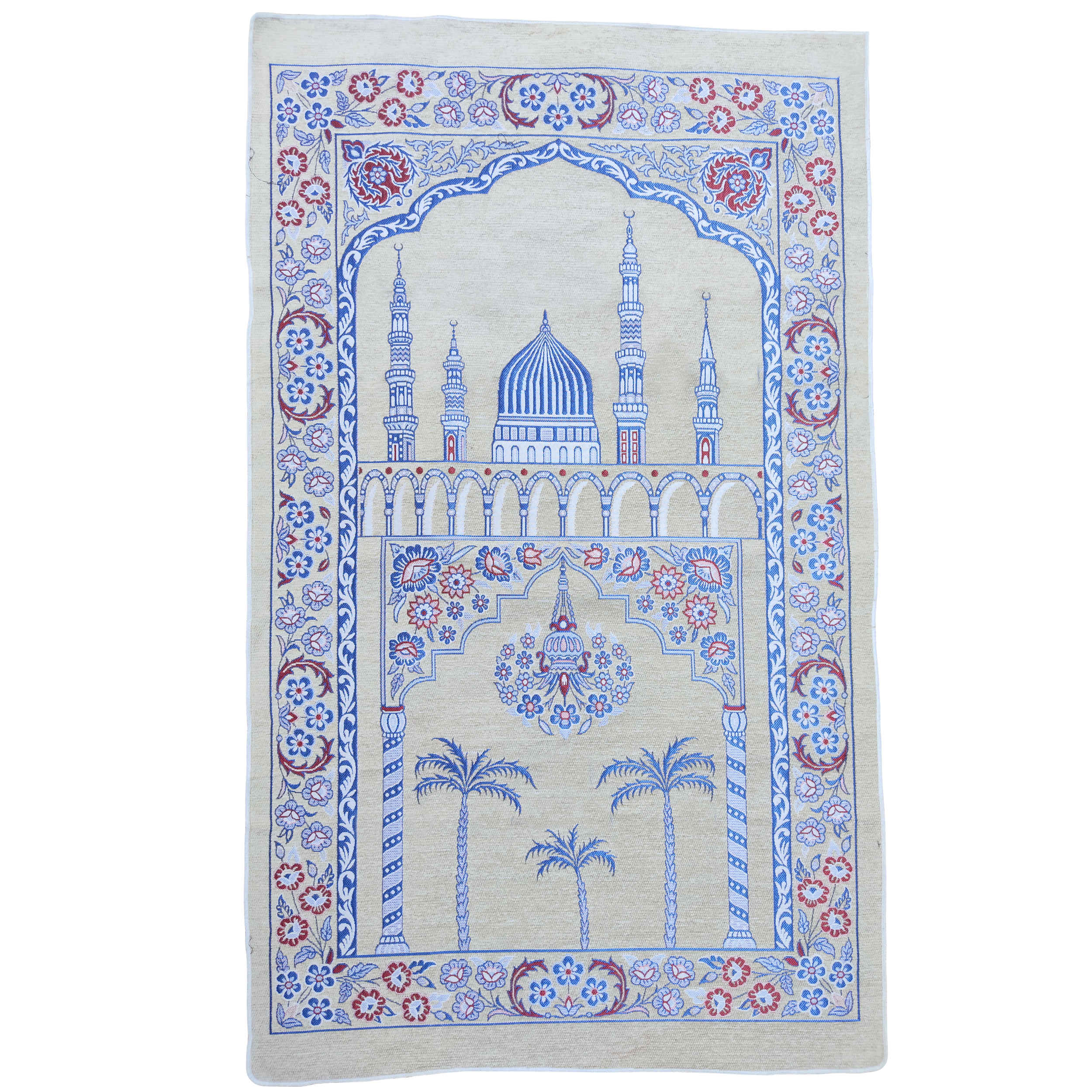 Price and Buy Islamic Prayer Mat Padded Sajadah in Velvet Minaret Cream & Blue