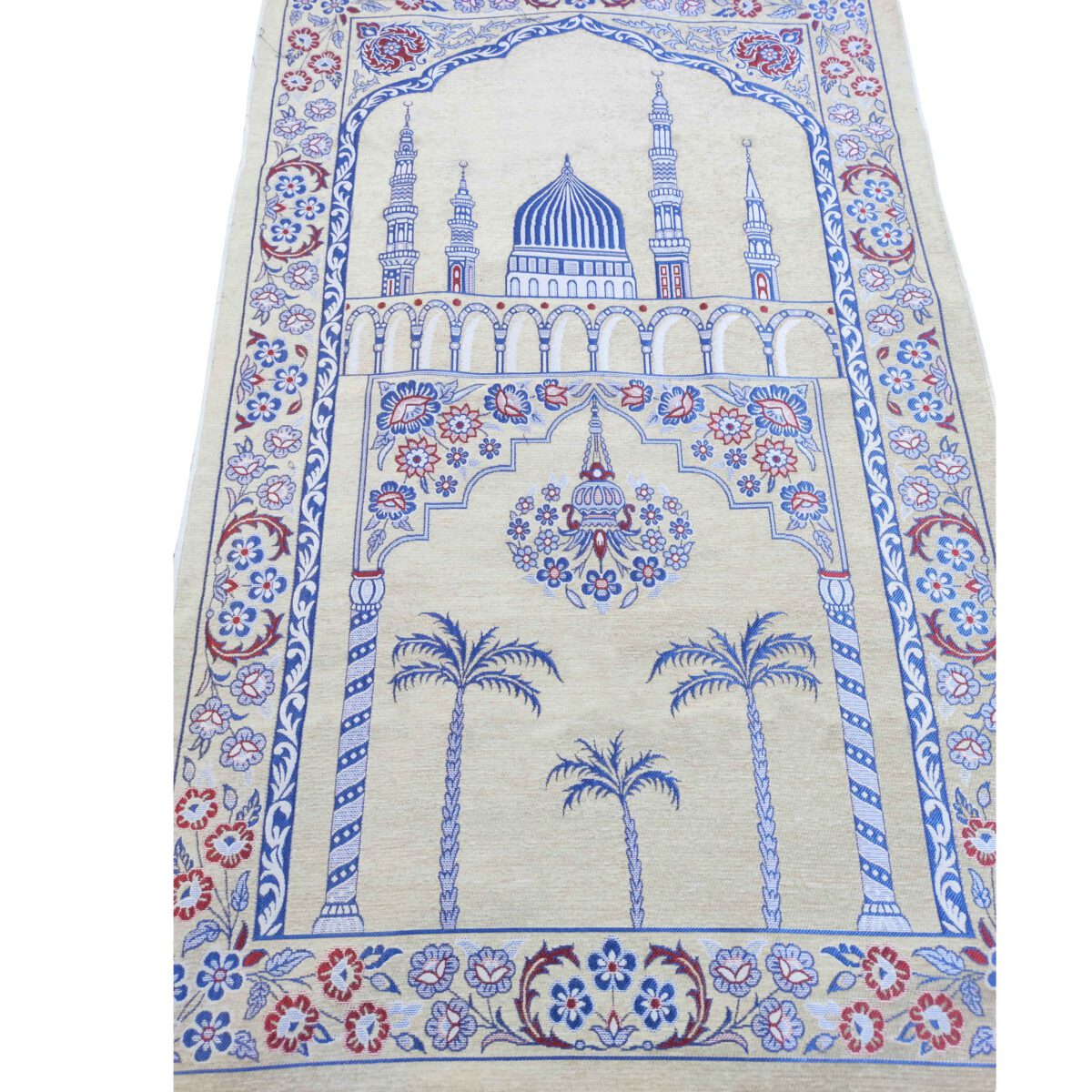 Price and Buy Islamic Prayer Mat Padded Sajadah in Velvet Minaret Cream & Blue - Image 3