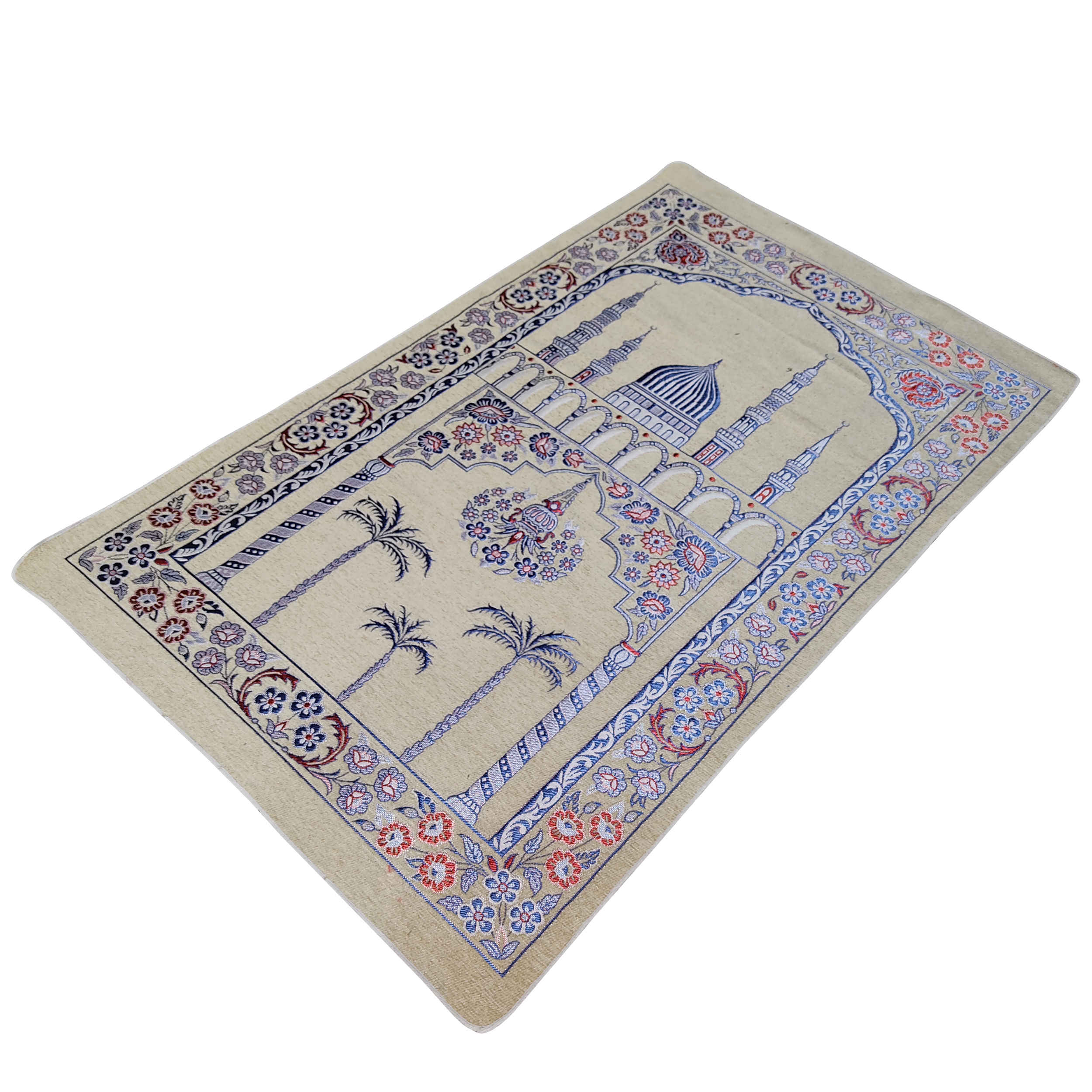 Price and Buy Islamic Prayer Mat Padded Sajadah in Velvet Minaret Cream & Blue - Image 4
