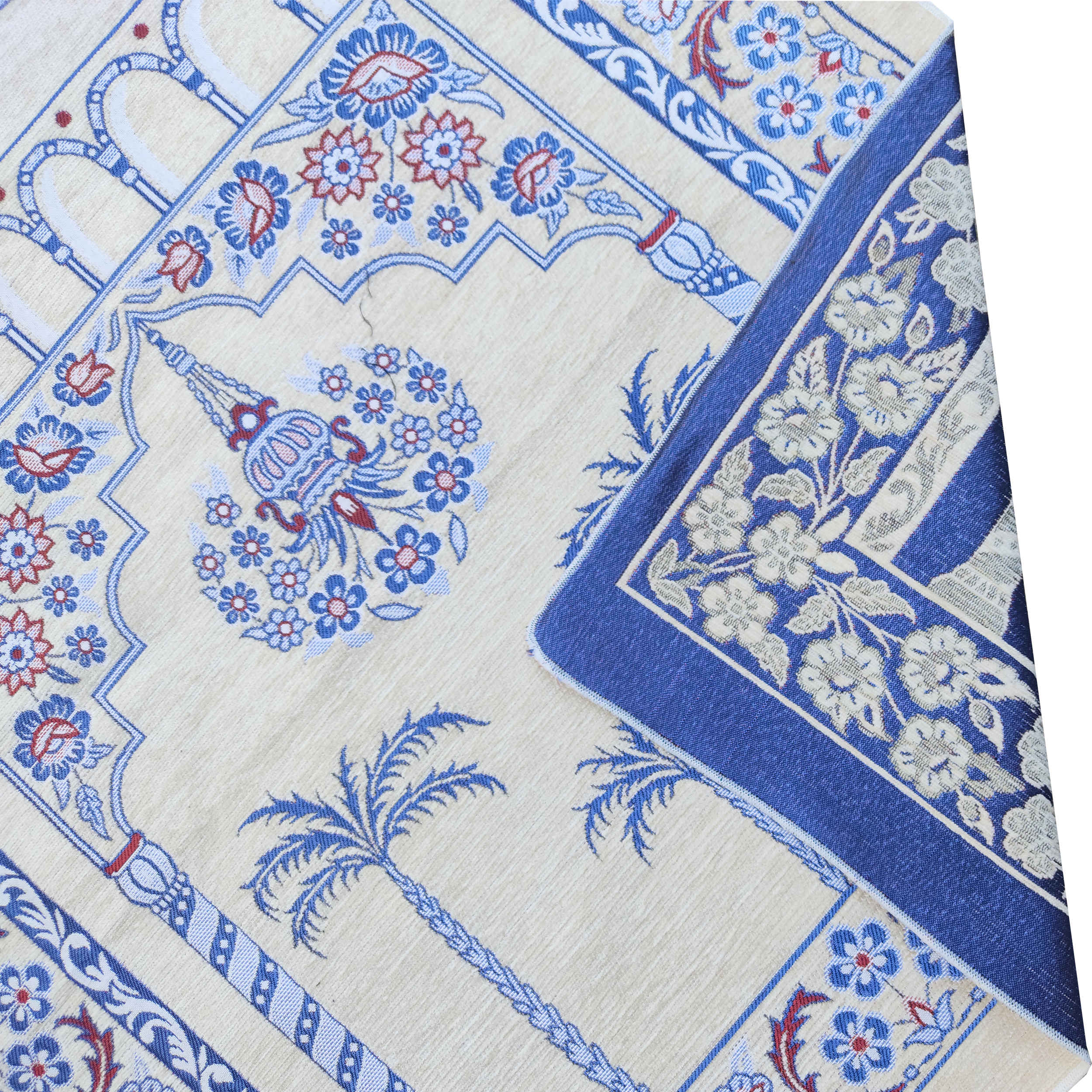 Price and Buy Islamic Prayer Mat Padded Sajadah in Velvet Minaret Cream & Blue - Image 5