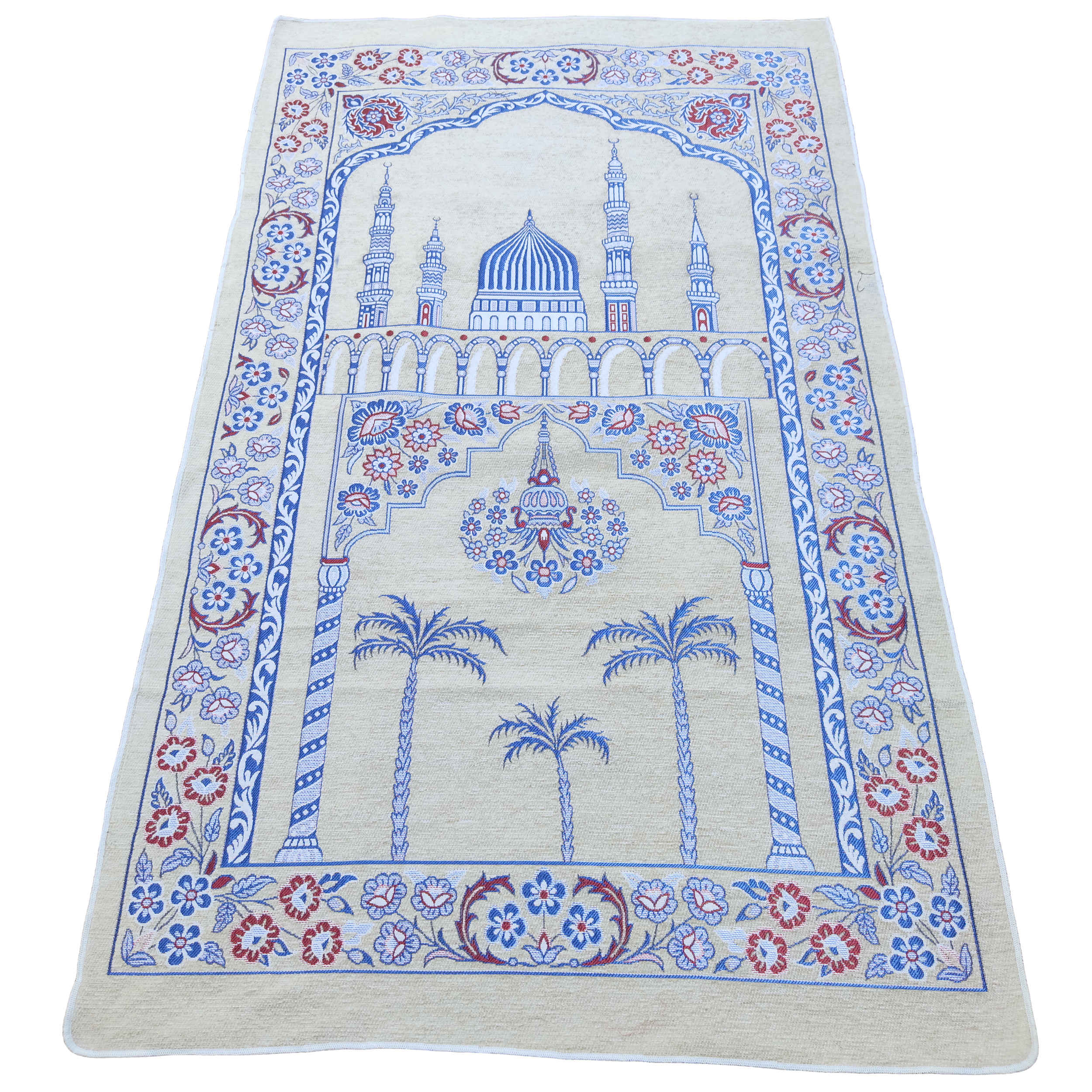 Price and Buy Islamic Prayer Mat Padded Sajadah in Velvet Minaret Cream & Blue - Image 7