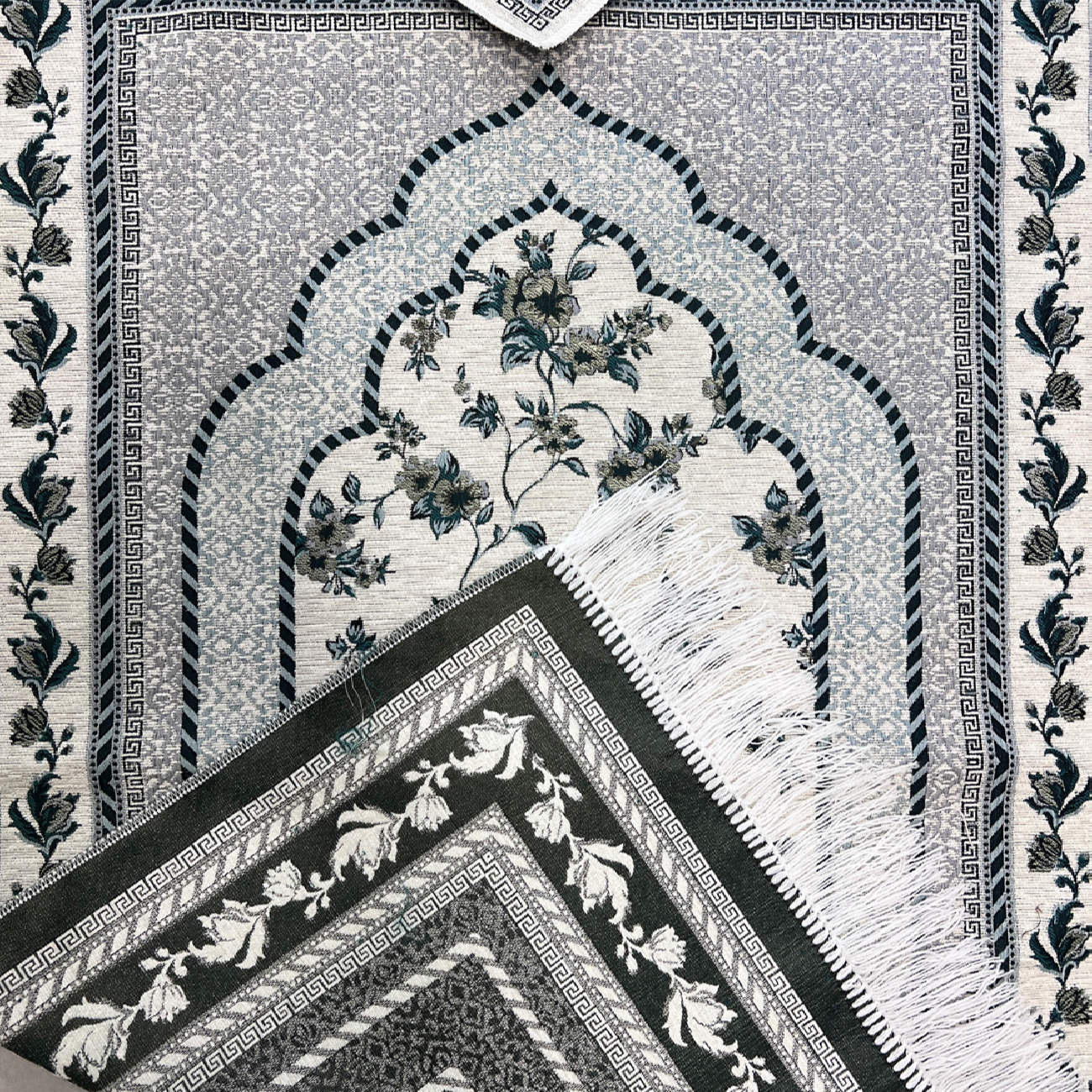 Price and Buy Islamic Prayer Mat Padded Velvet Sajadah Floral Design Gray - Image 5