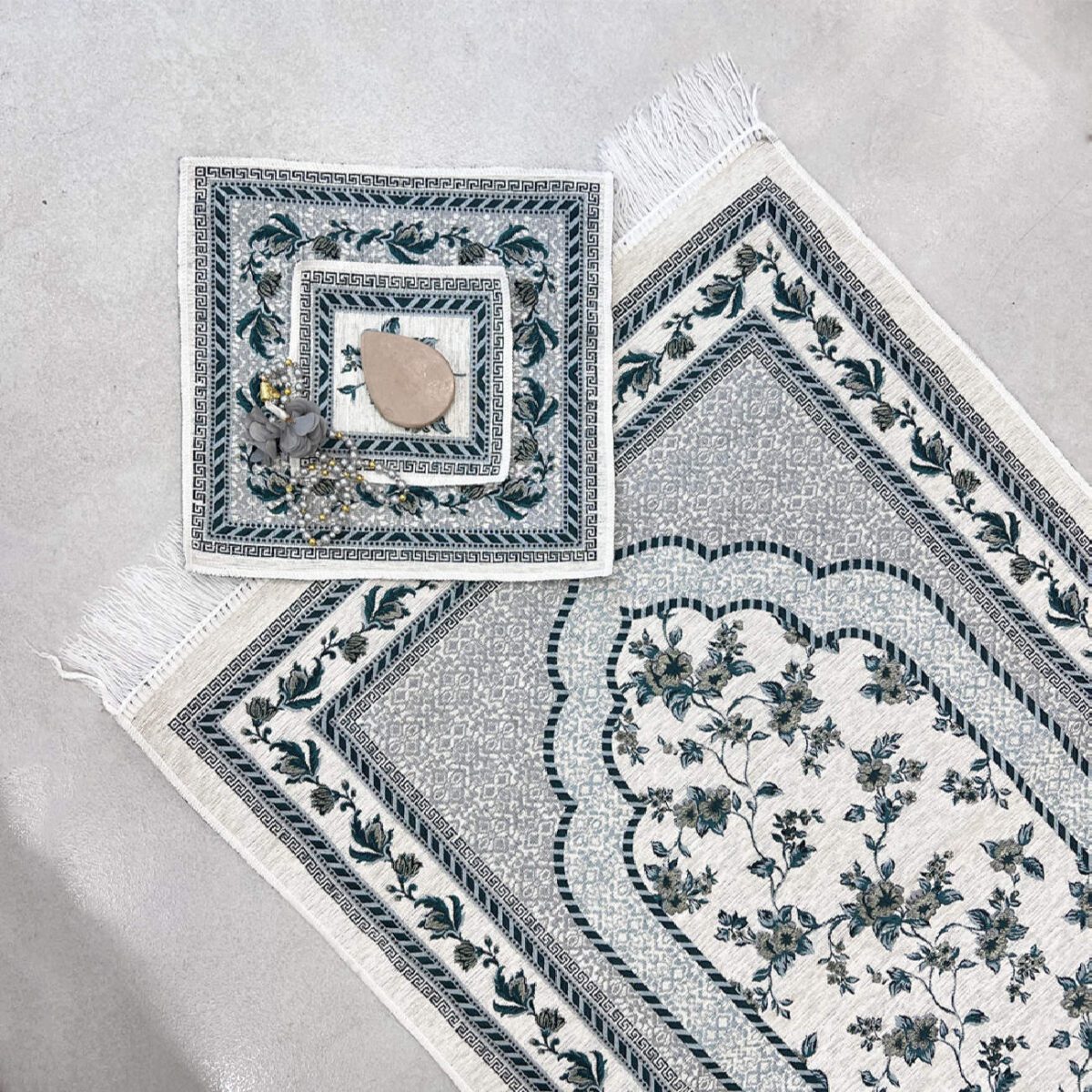 Price and Buy Islamic Prayer Mat Padded Velvet Sajadah Floral Design Gray - Image 6
