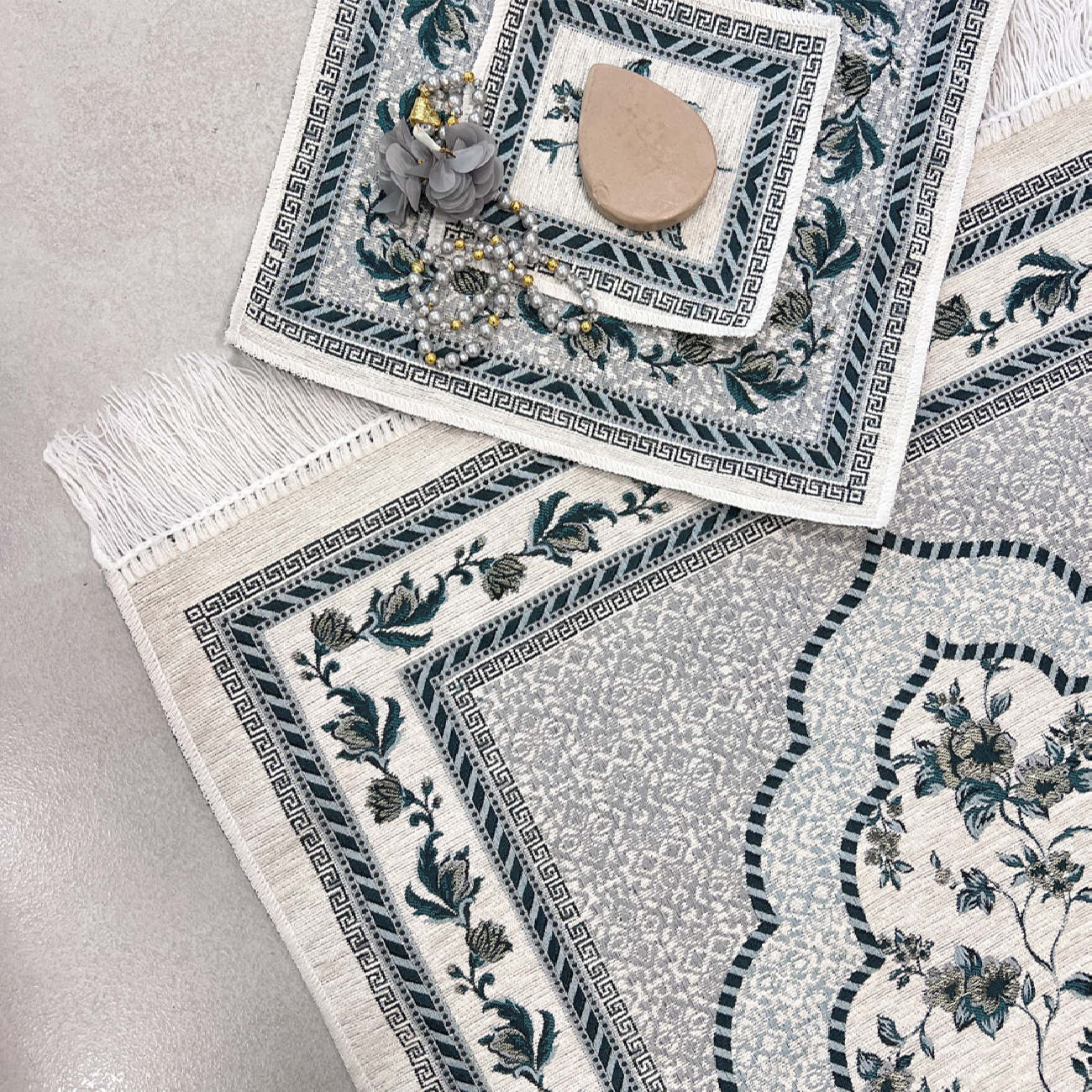 Price and Buy Islamic Prayer Mat Padded Velvet Sajadah Floral Design Gray - Image 8