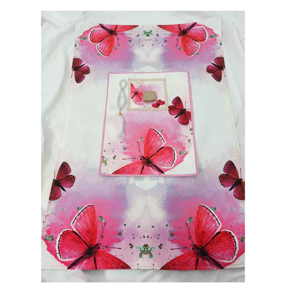 Price and Buy Islamic Prayer Mat Velvet Sajadah with Pink Butterfly Design - Image 3