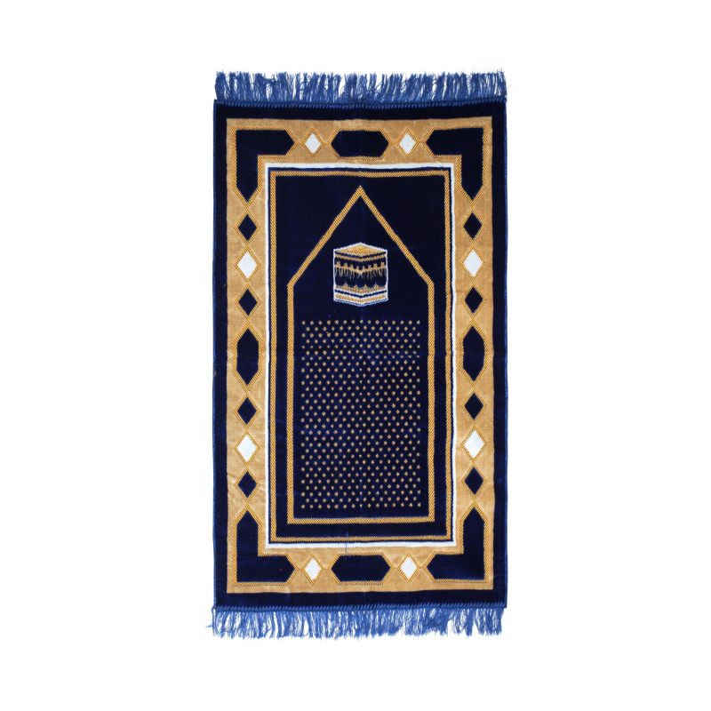 Price and Buy Islamic Prayer Rug Padded Blue Velvet Sajadah with Kaaba Design for Muslims