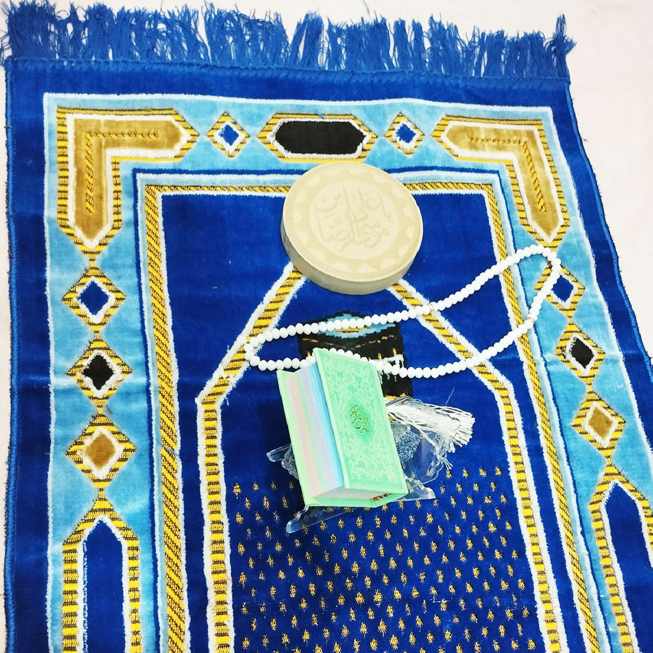 Price and Buy Islamic Prayer Rug Padded Sajadah in Velvet Kaaba Blue - Image 5