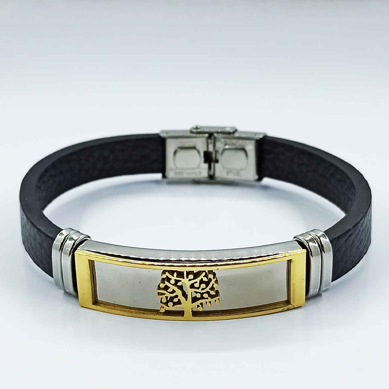 Price and Buy Leather Steel Bracelet in Tree Design Black_69008c2db1153.jpeg Price and Buy Leather Steel Bracelet in Tree Design Black - Image 1