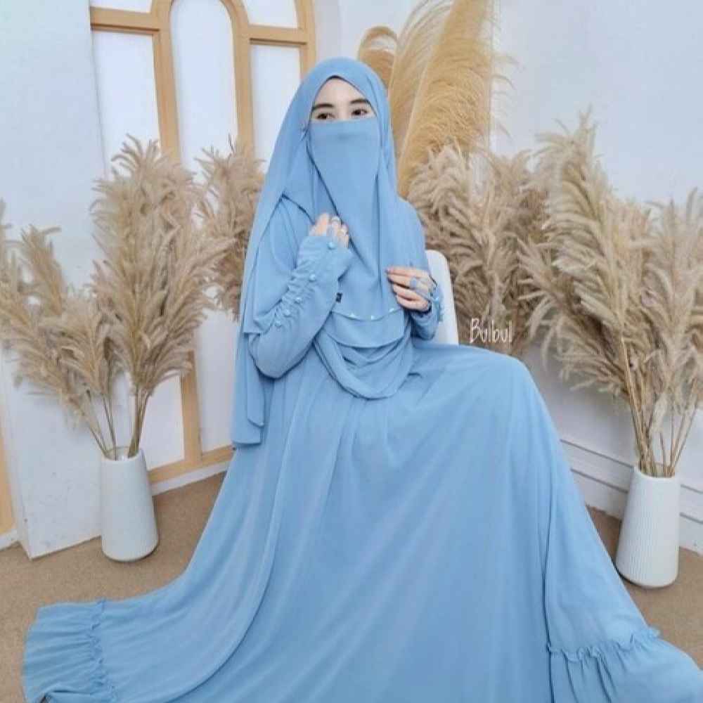 Price and Buy Light Blue Muslim Square Scarf & Half Niqab Set for Women - Image 3