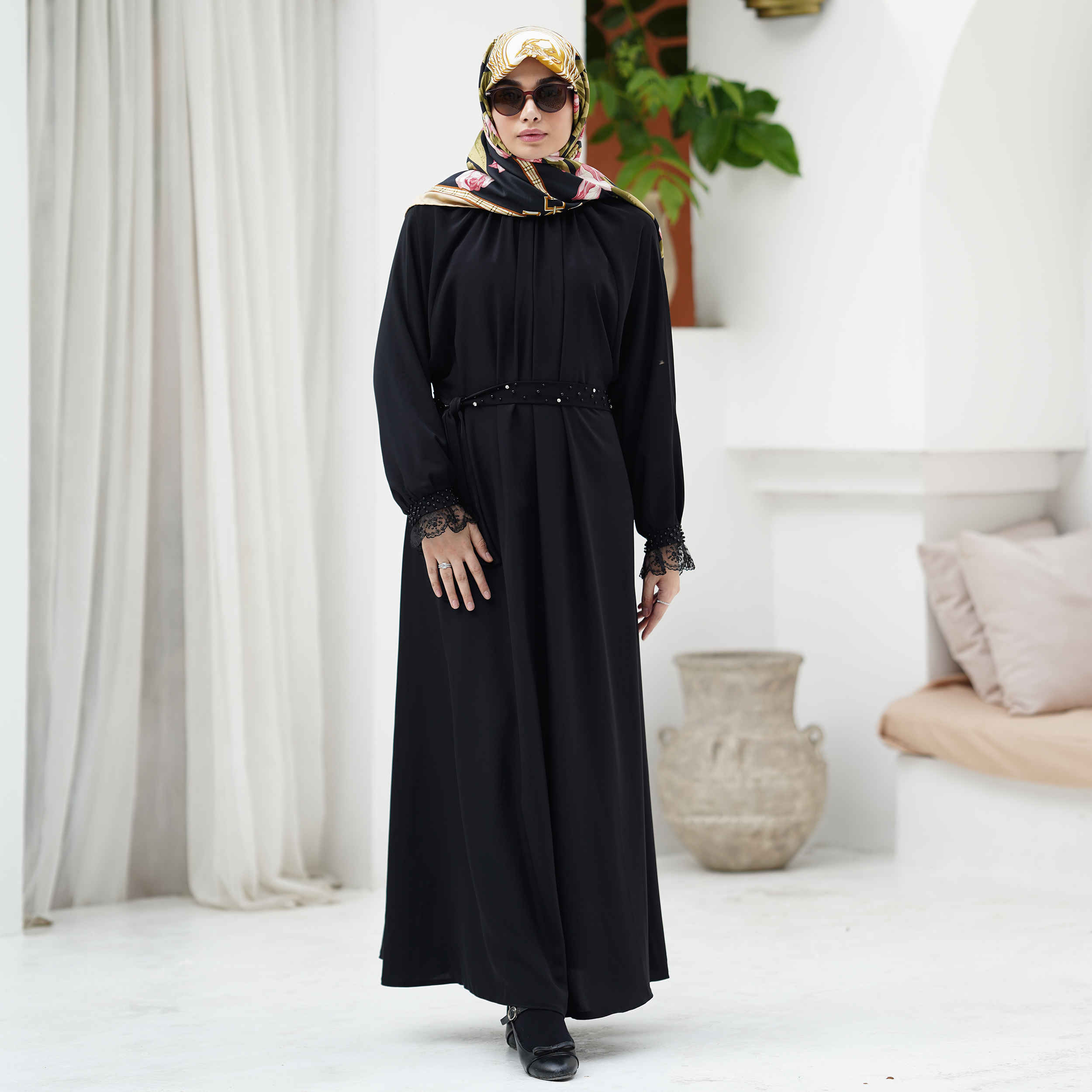 Price and Buy Loose Fit Abaya for Muslim Women with Belt in Black - Image 4