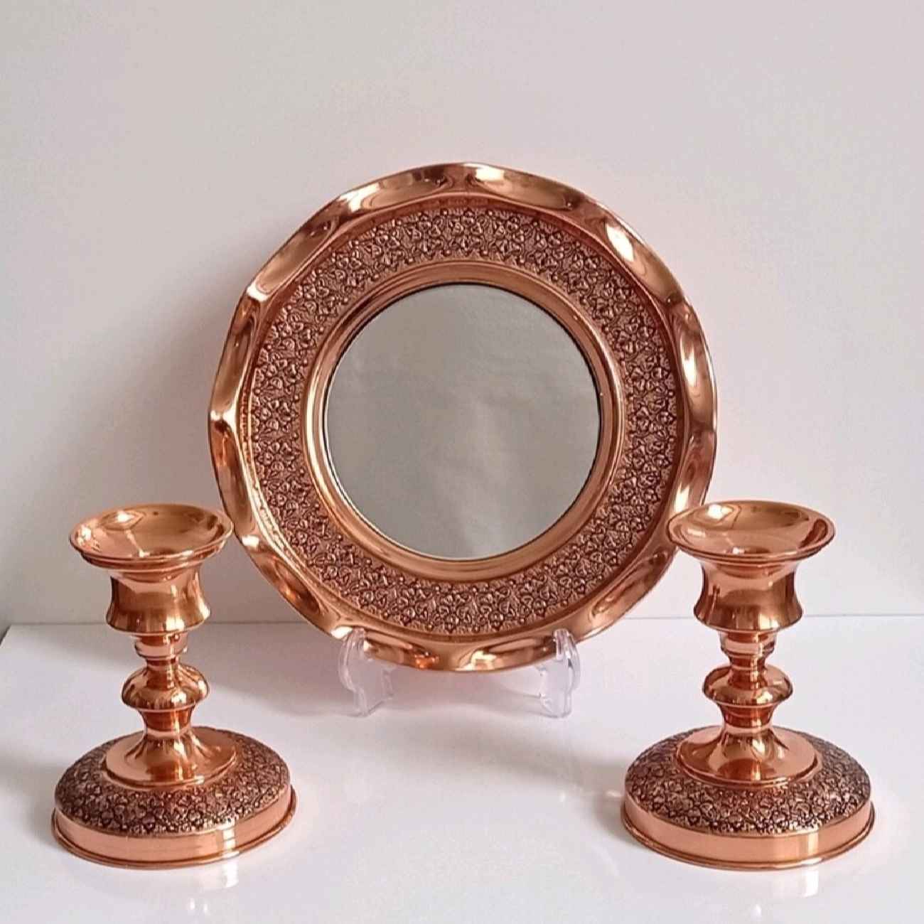 Price and Buy Luxury Persian Copper Mirror Frame and Candle Stand Set